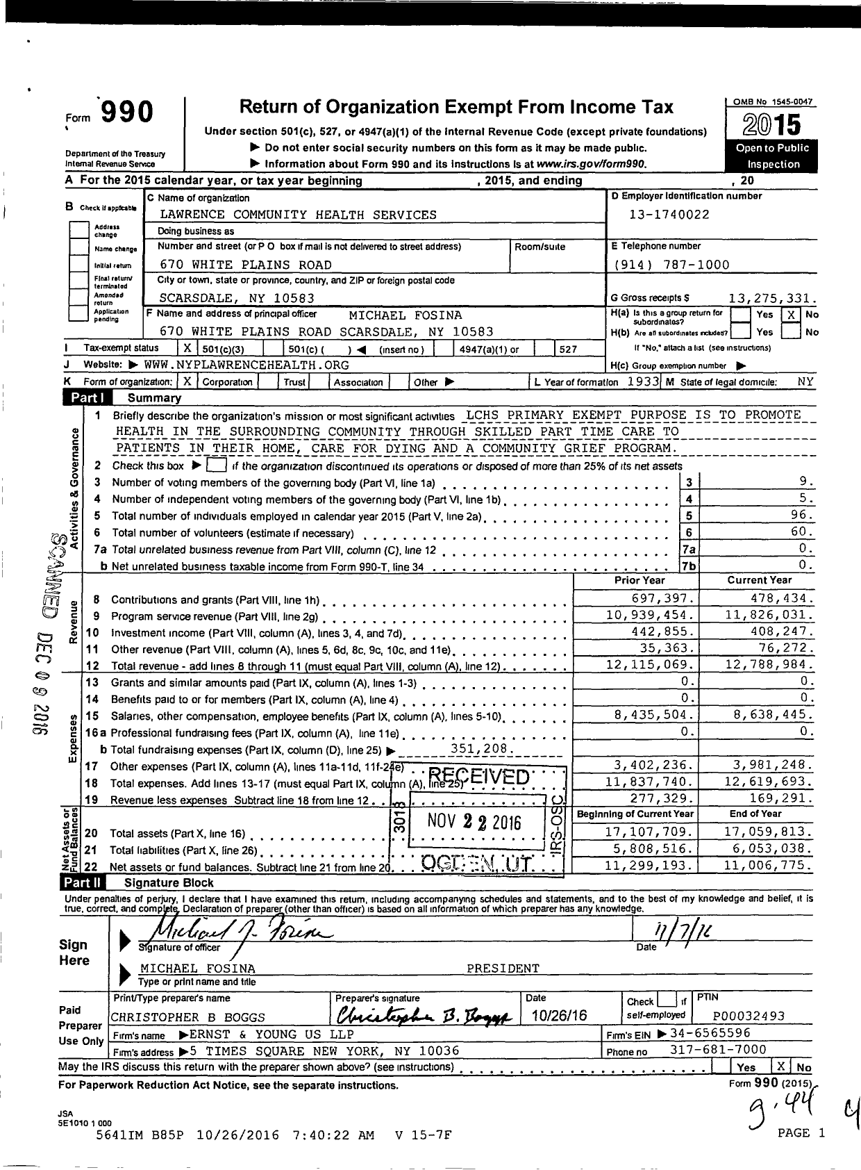 Image of first page of 2015 Form 990 for Lawrence Home Care of Westchester (LHCW)