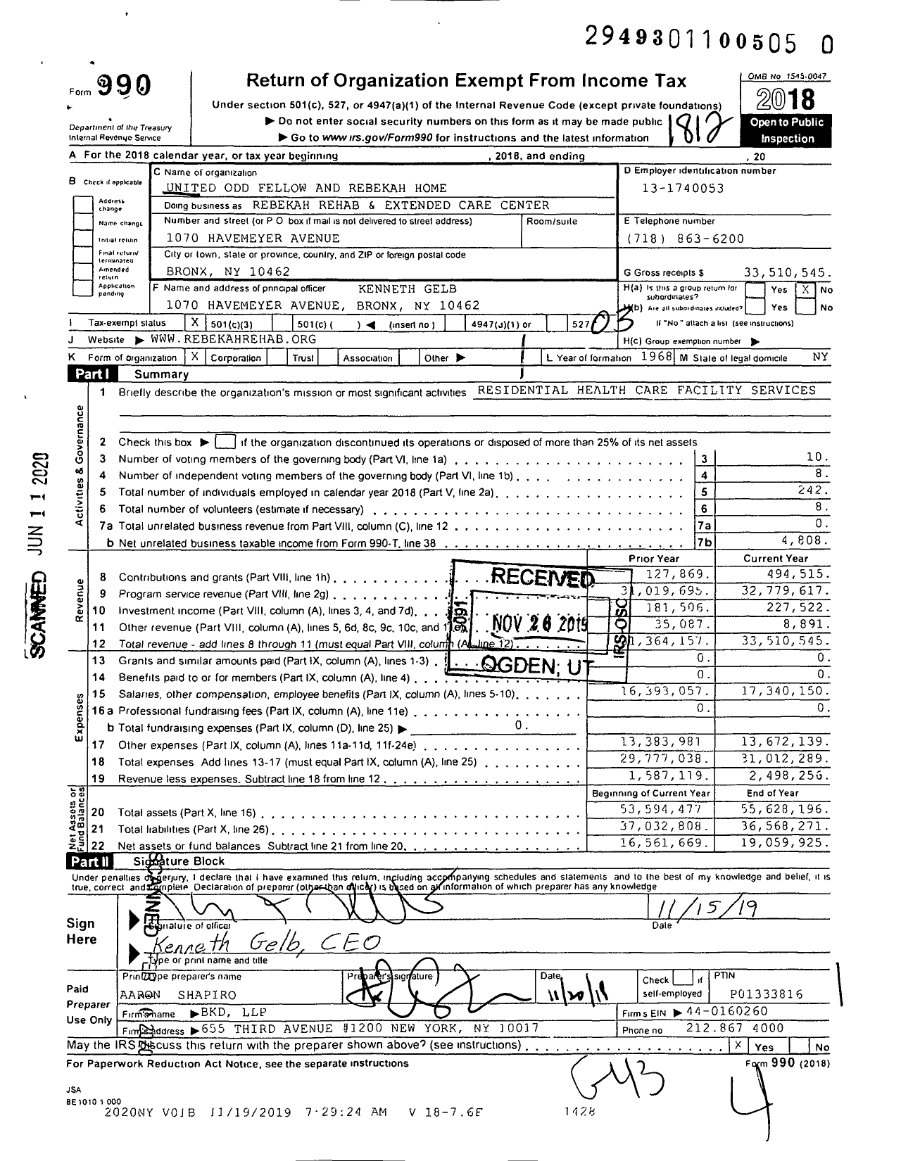 Image of first page of 2018 Form 990 for Rebekah Rehab and Extended Care Center