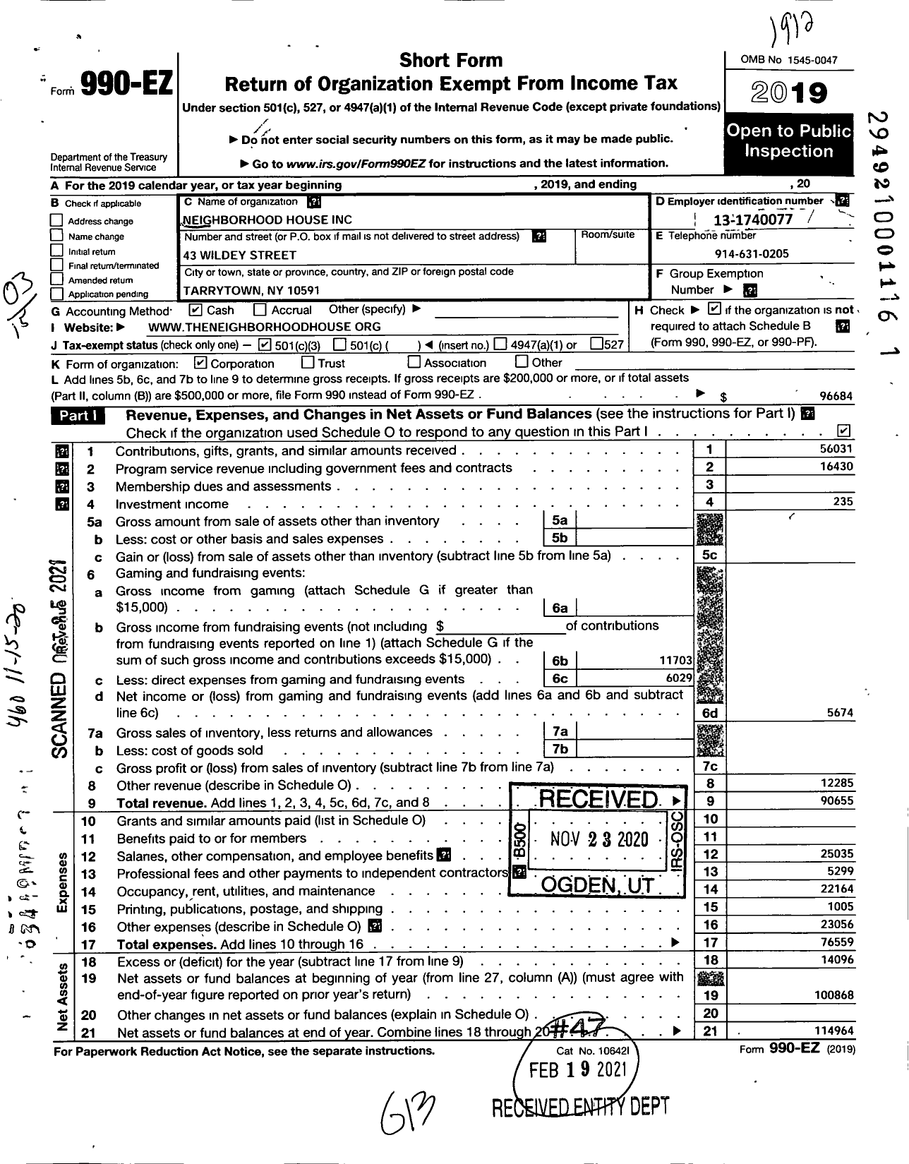 Image of first page of 2019 Form 990EZ for Neighborhood House