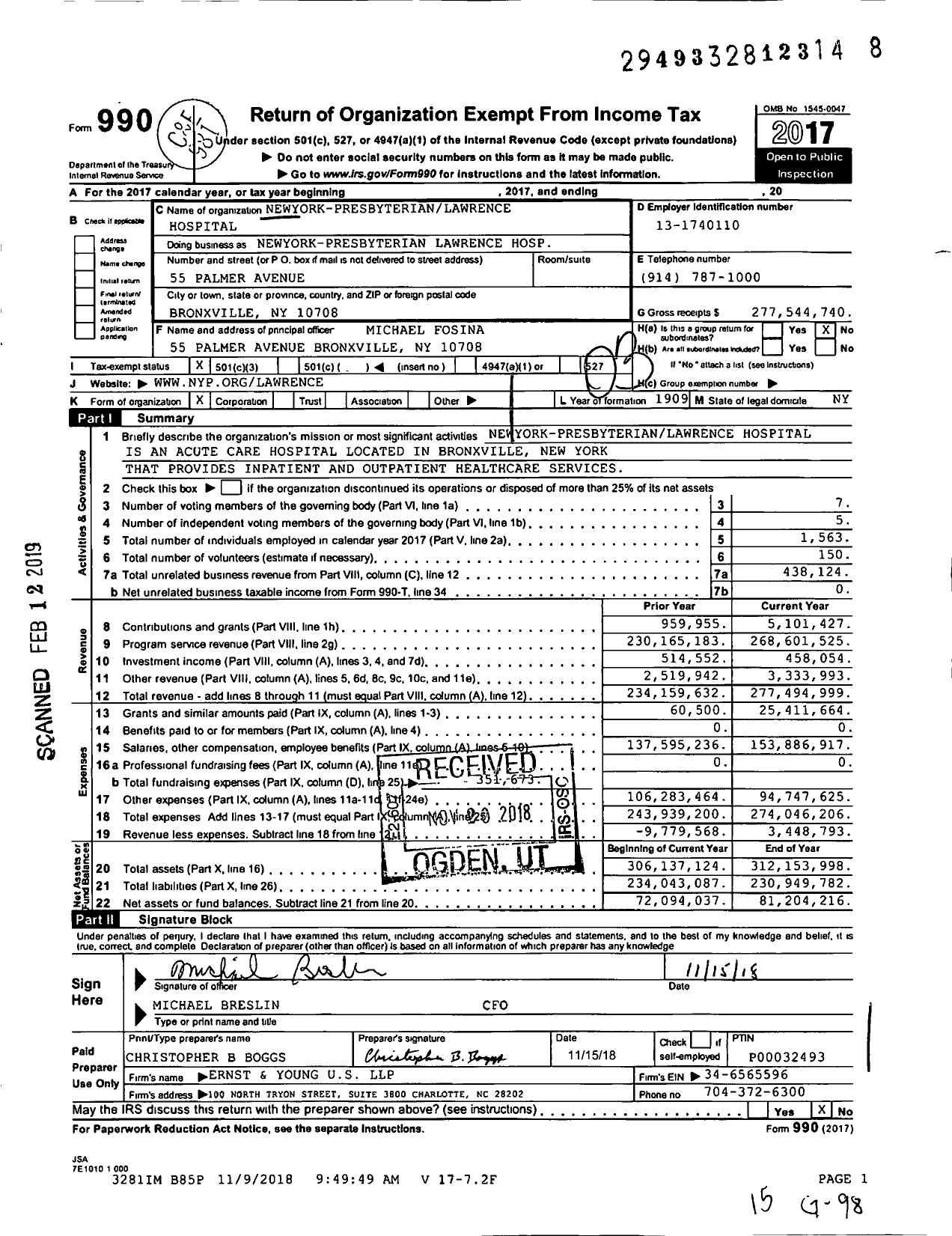Image of first page of 2017 Form 990 for NewYork-PresbyterianLawrence Hospital