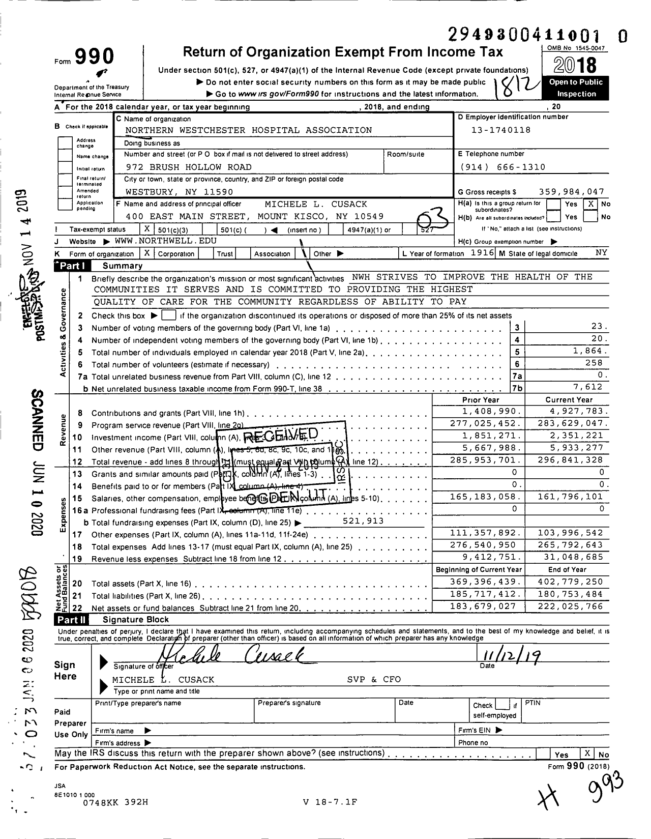Image of first page of 2018 Form 990 for Northern Westchester Hospital (NWH)