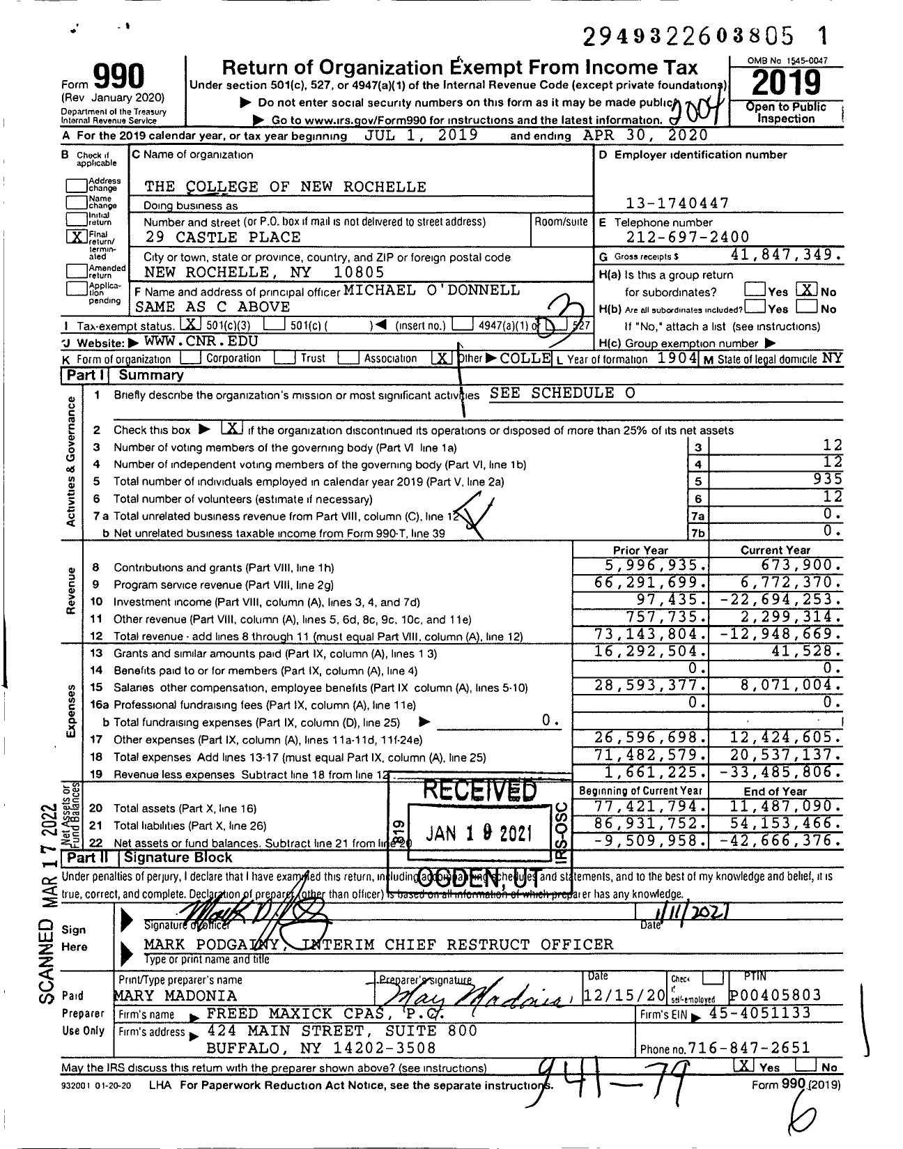 Image of first page of 2019 Form 990 for College of New Rochelle (CNR)