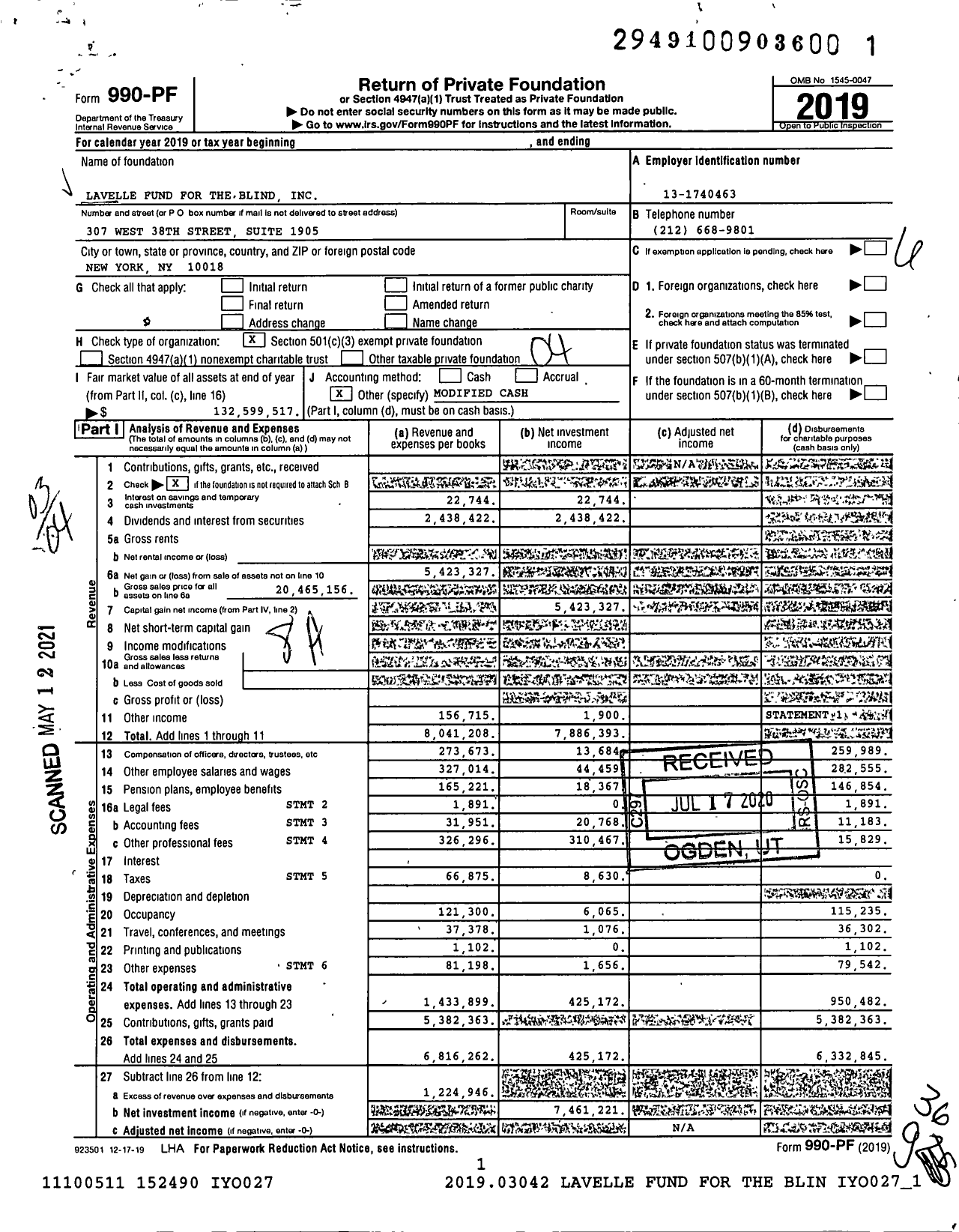 Image of first page of 2019 Form 990PF for Lavelle Fund for the Blind