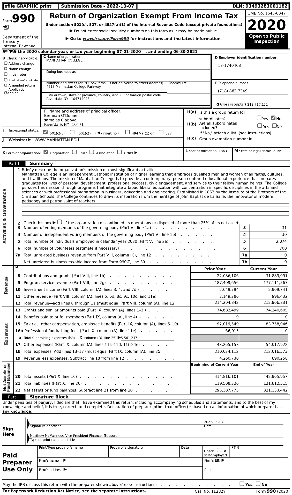 Image of first page of 2020 Form 990 for Manhattan College