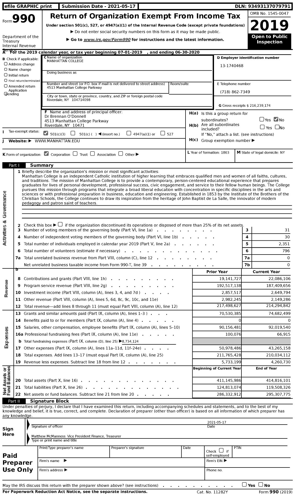 Image of first page of 2019 Form 990 for Manhattan College