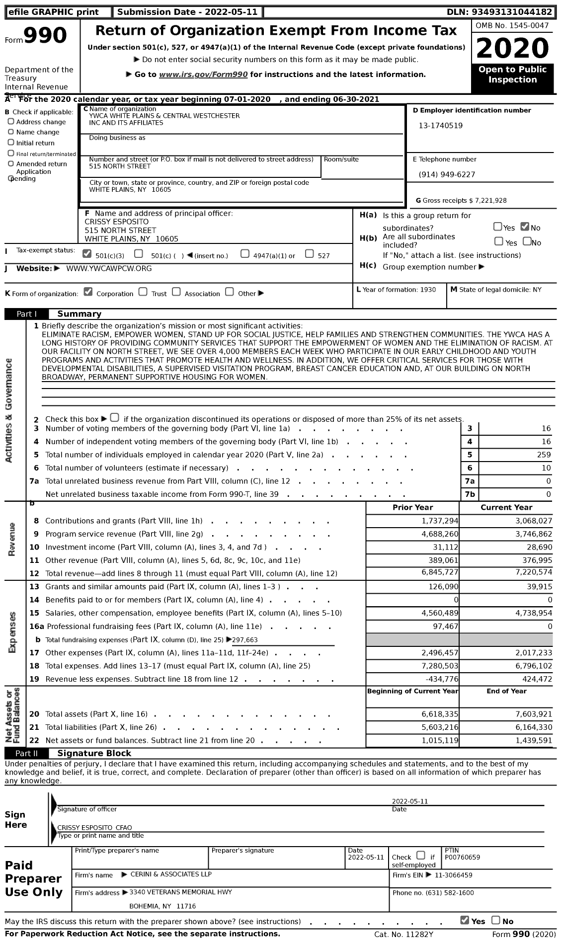 Image of first page of 2020 Form 990 for YWCA White Plains and Central Westchester and Its Affiliates