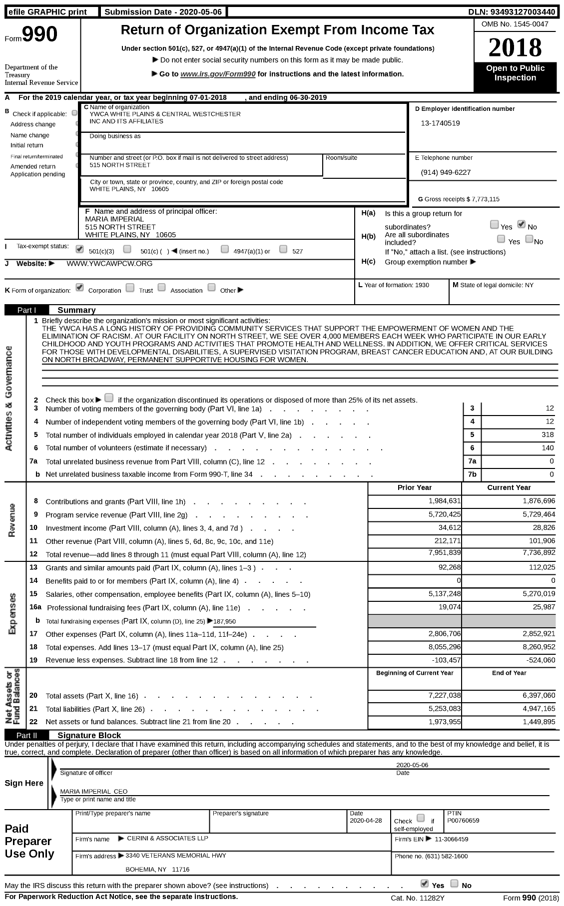 Image of first page of 2018 Form 990 for YWCA White Plains and Central Westchester and Its Affiliates