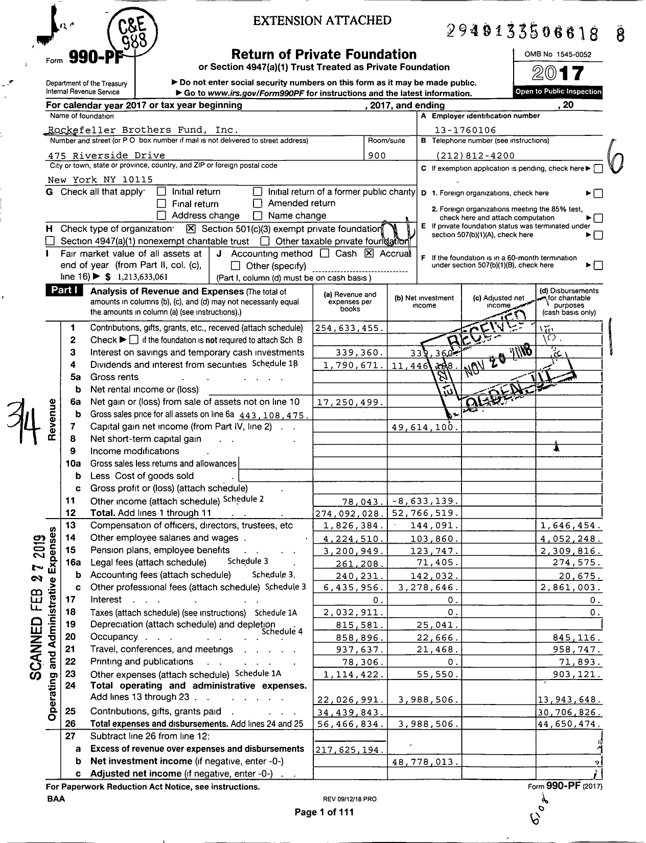 Image of first page of 2017 Form 990PF for Rockefeller Brothers Fund (RBF)