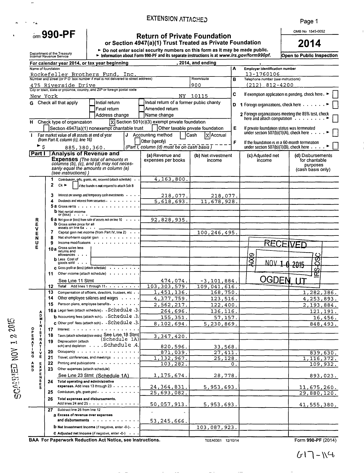 Image of first page of 2014 Form 990PF for Rockefeller Brothers Fund (RBF)