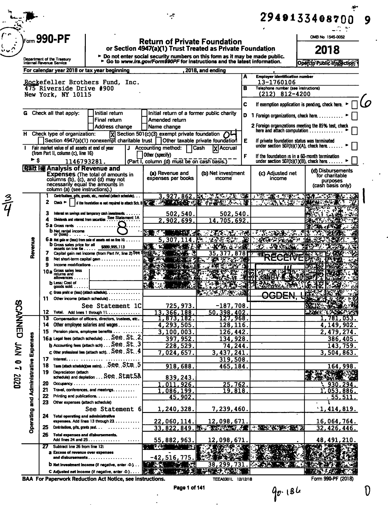 Image of first page of 2018 Form 990PF for Rockefeller Brothers Fund (RBF)