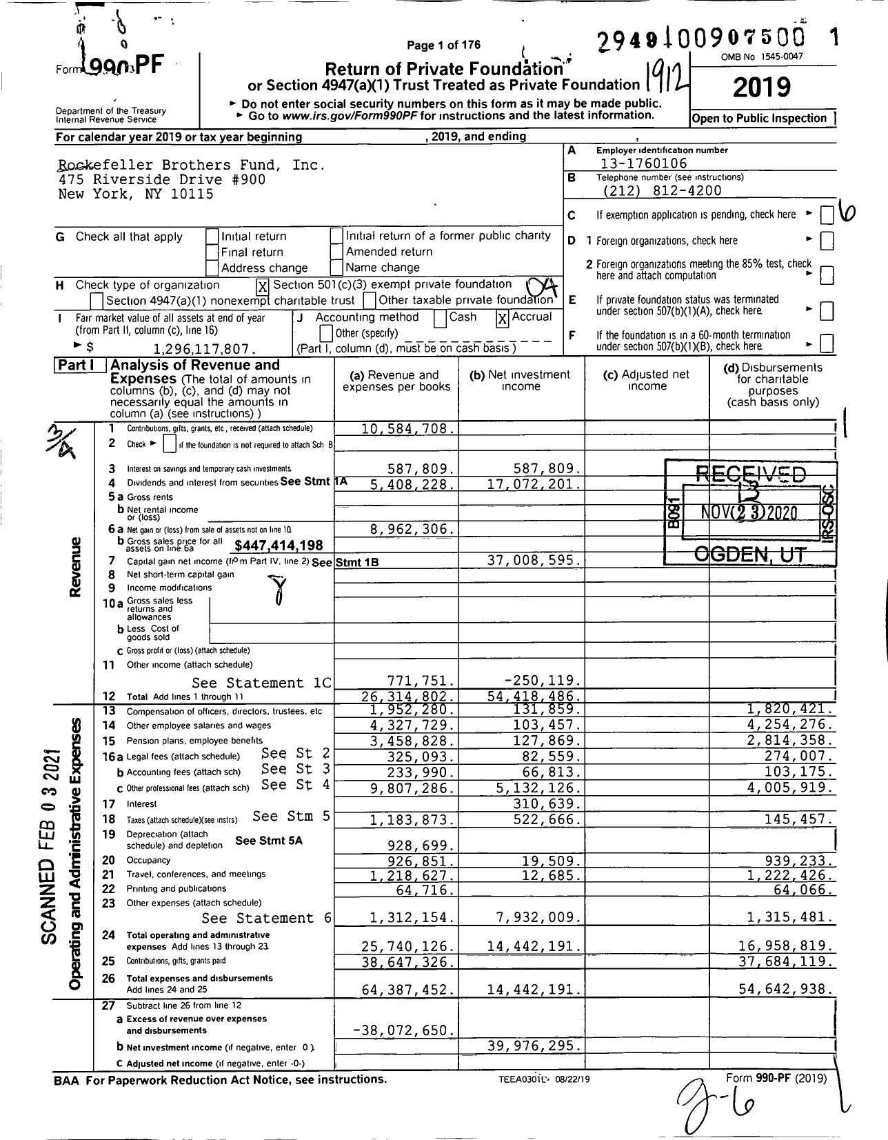 Image of first page of 2019 Form 990PF for Rockefeller Brothers Fund (RBF)