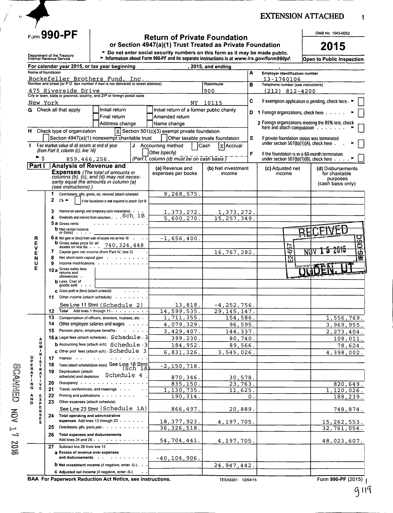 Image of first page of 2015 Form 990PF for Rockefeller Brothers Fund (RBF)