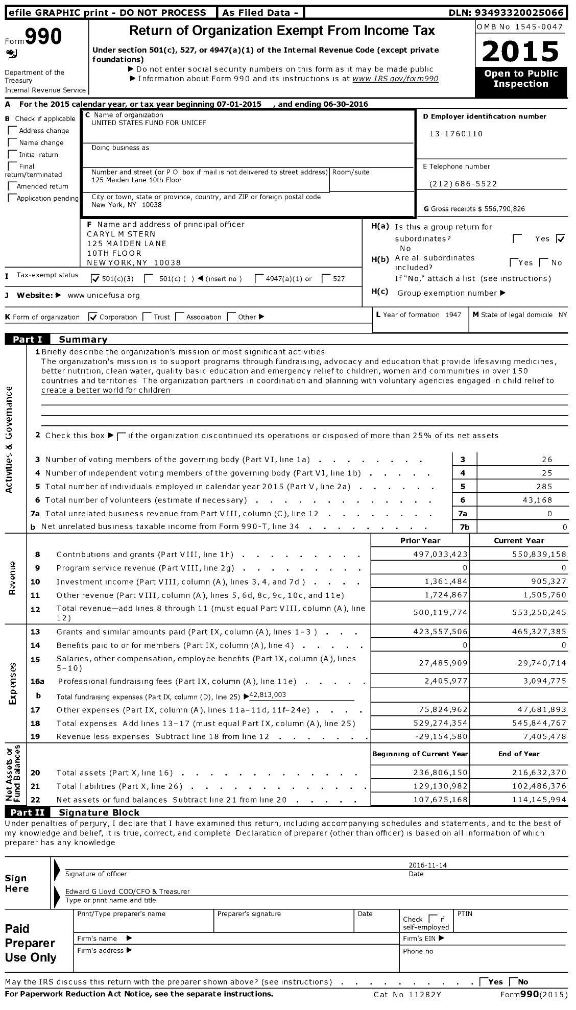 Image of first page of 2015 Form 990 for United States Fund for Unicef