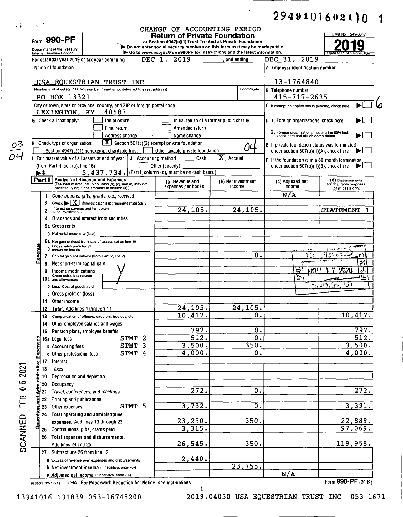 Image of first page of 2019 Form 990PF for USA Equestrian Trust