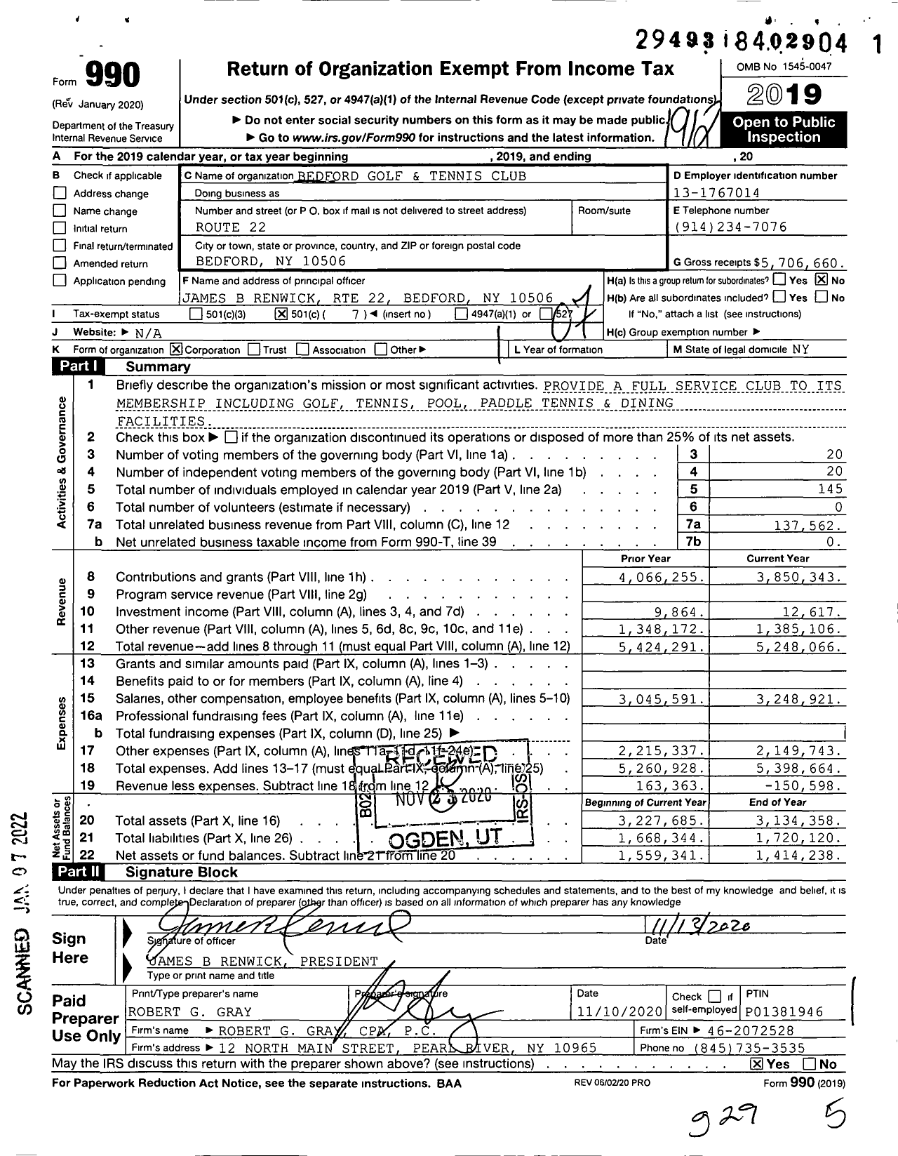 Image of first page of 2019 Form 990O for Bedford Golf and Tennis Club