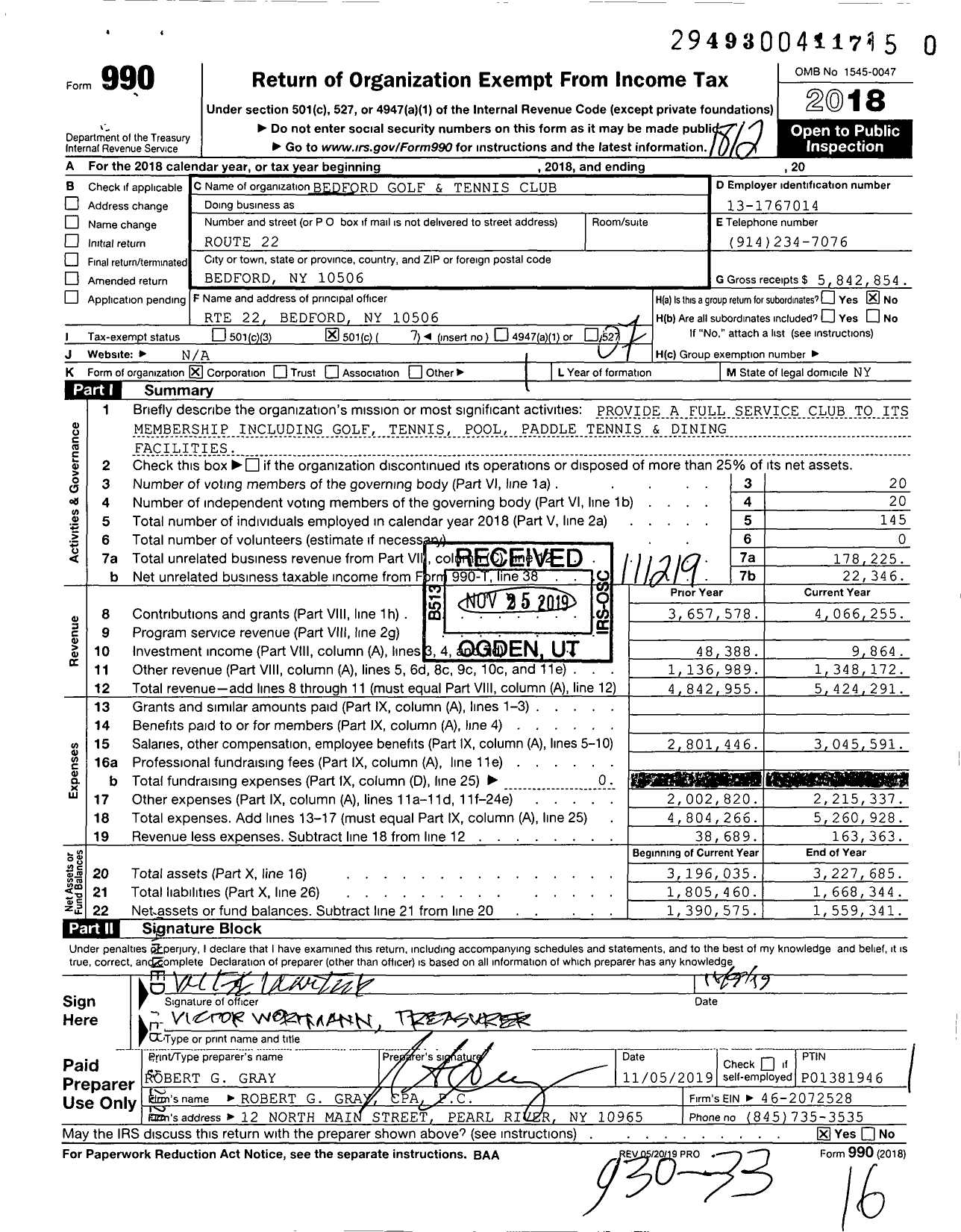 Image of first page of 2018 Form 990O for Bedford Golf and Tennis Club