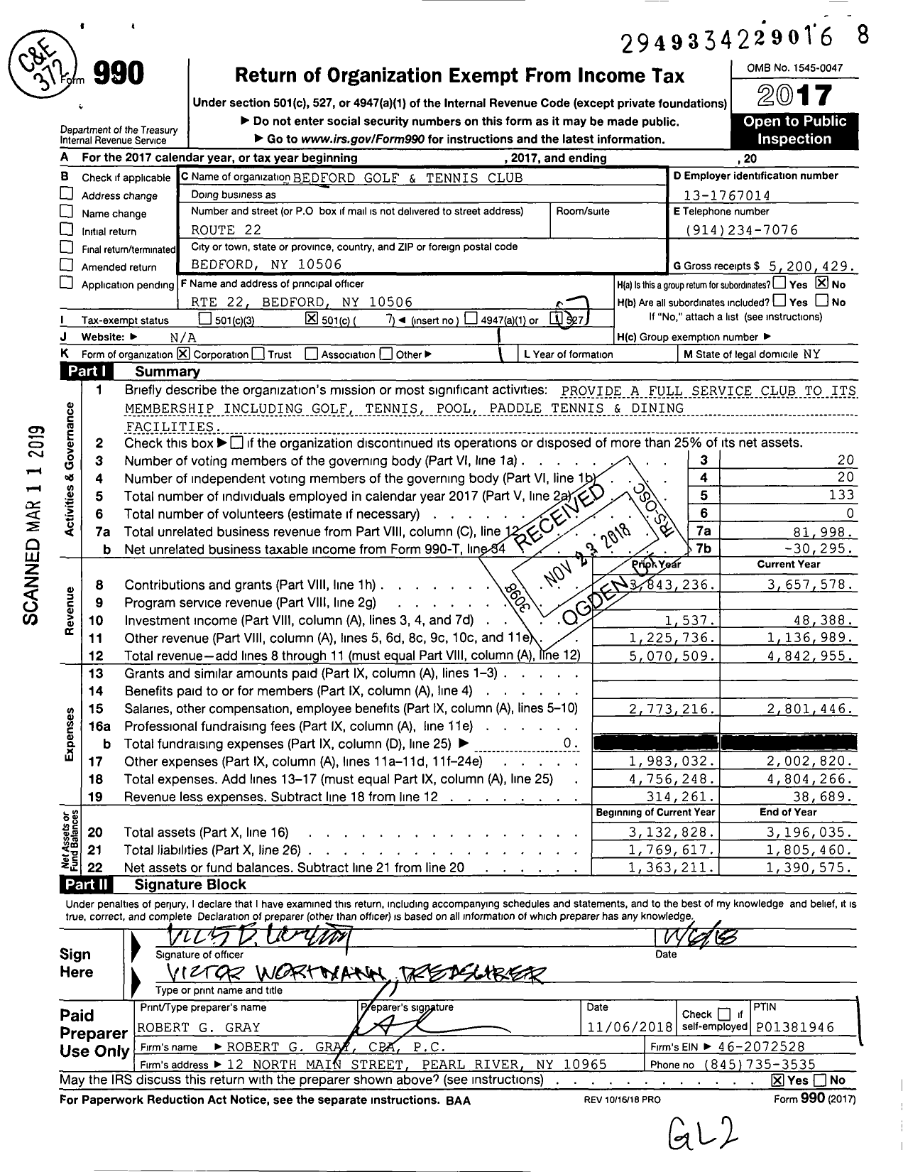 Image of first page of 2017 Form 990O for Bedford Golf and Tennis Club