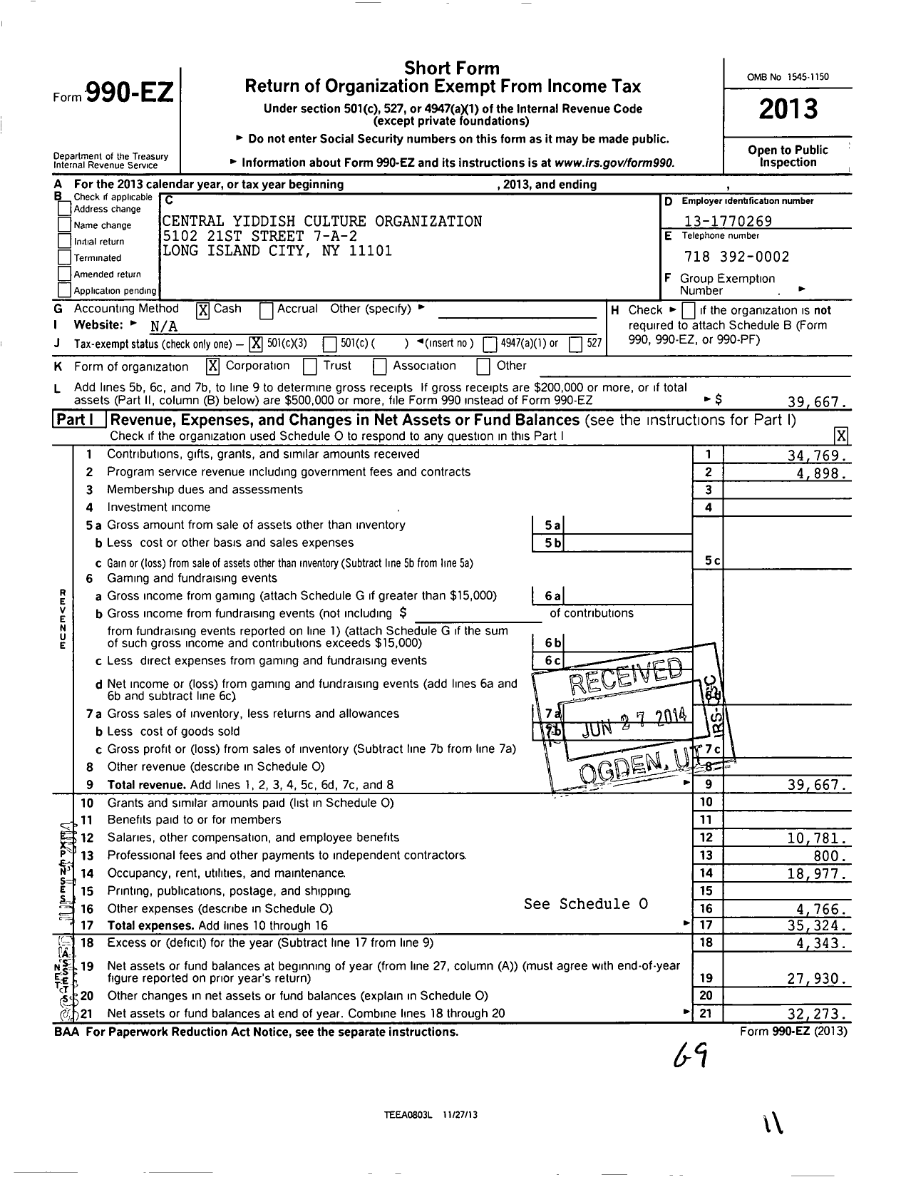 Image of first page of 2013 Form 990EZ for Central Yiddish Culture Organization