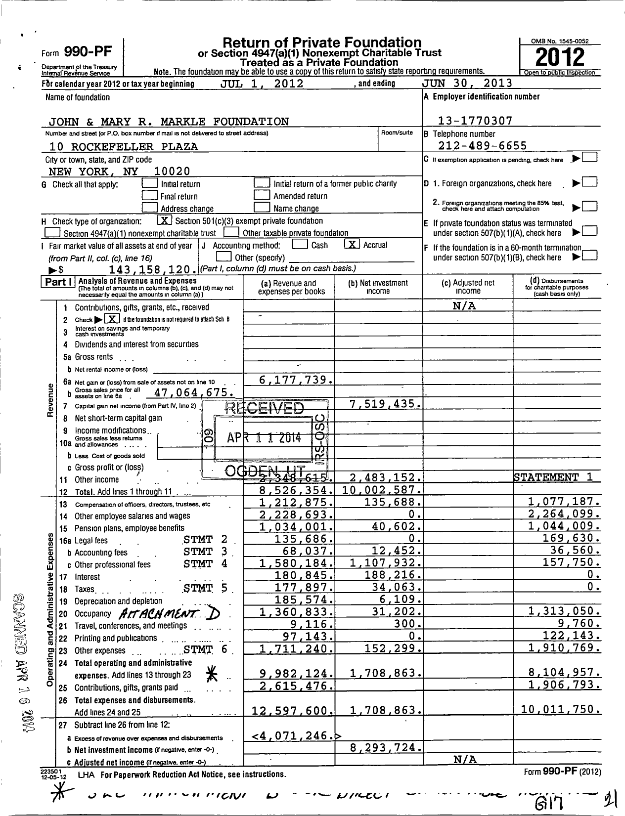 Image of first page of 2012 Form 990PF for Markle Foundation