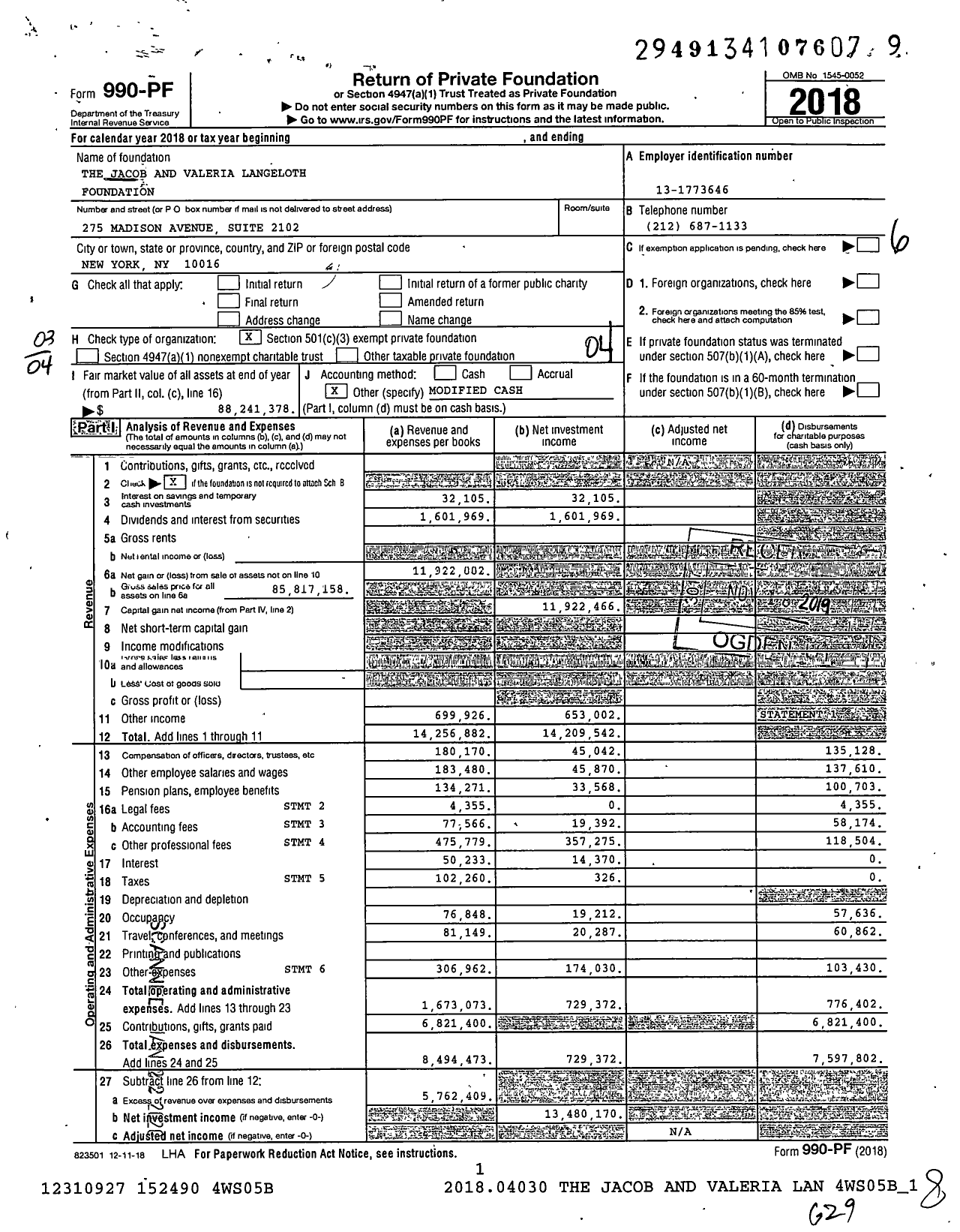 Image of first page of 2018 Form 990PF for The Jacob and Valeria Langeloth Foundation