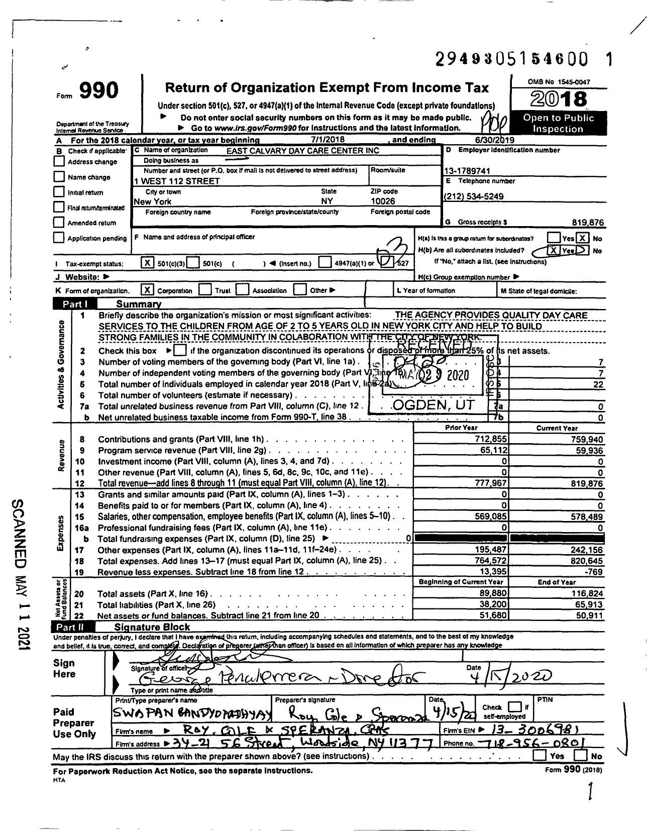 Image of first page of 2018 Form 990 for East Calvary Day Care Center