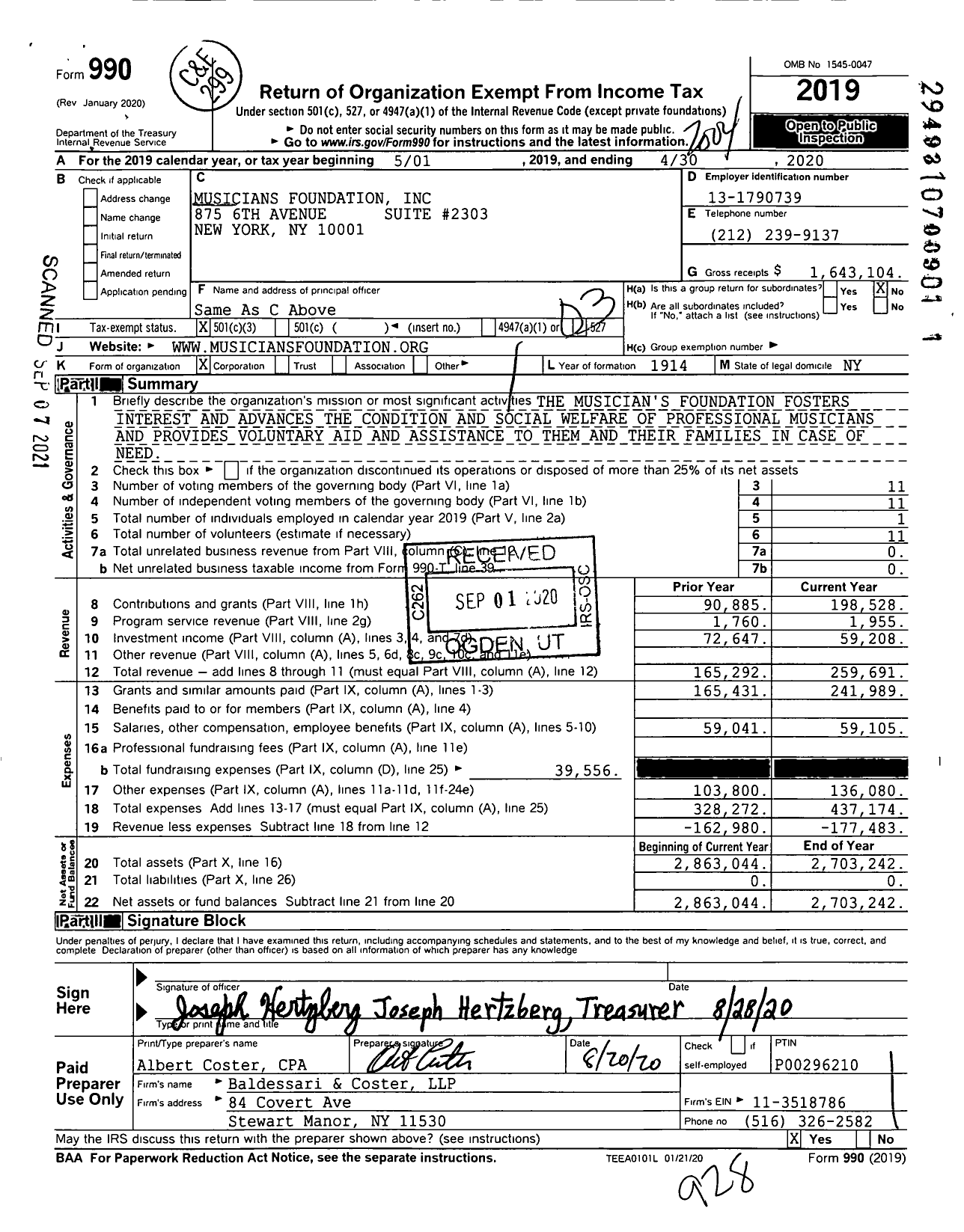 Image of first page of 2019 Form 990 for Musicians Foundation