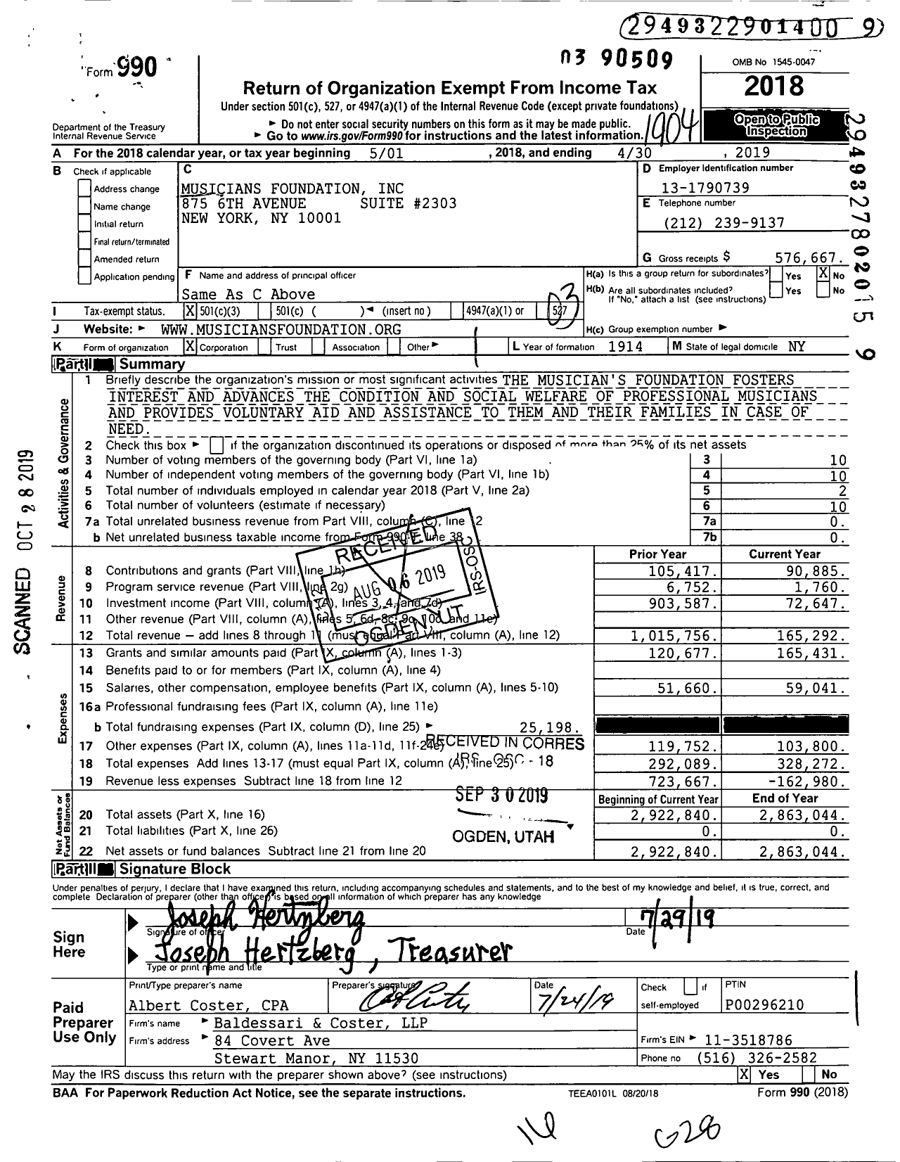 Image of first page of 2018 Form 990 for Musicians Foundation