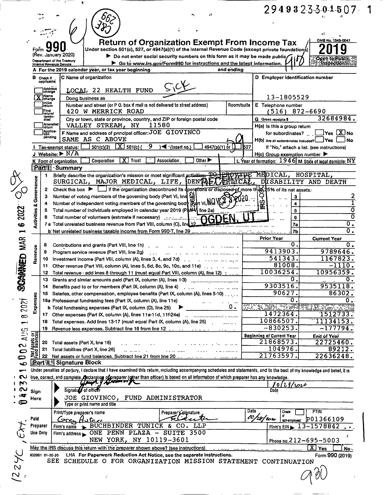 Image of first page of 2019 Form 990O for Sick Benefit Fund of AIT & NW of America Local 223