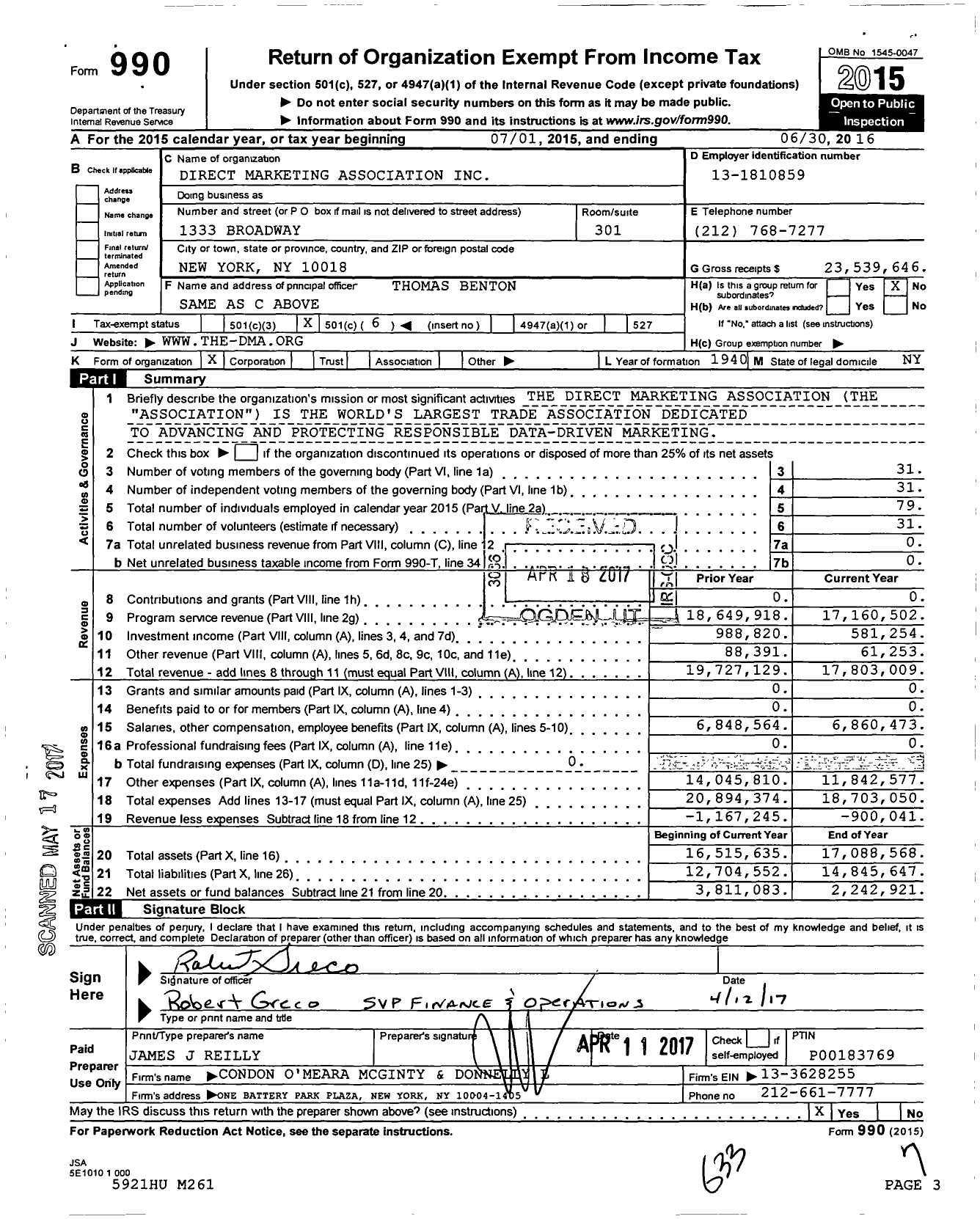 Image of first page of 2015 Form 990O for Direct Marketing Association