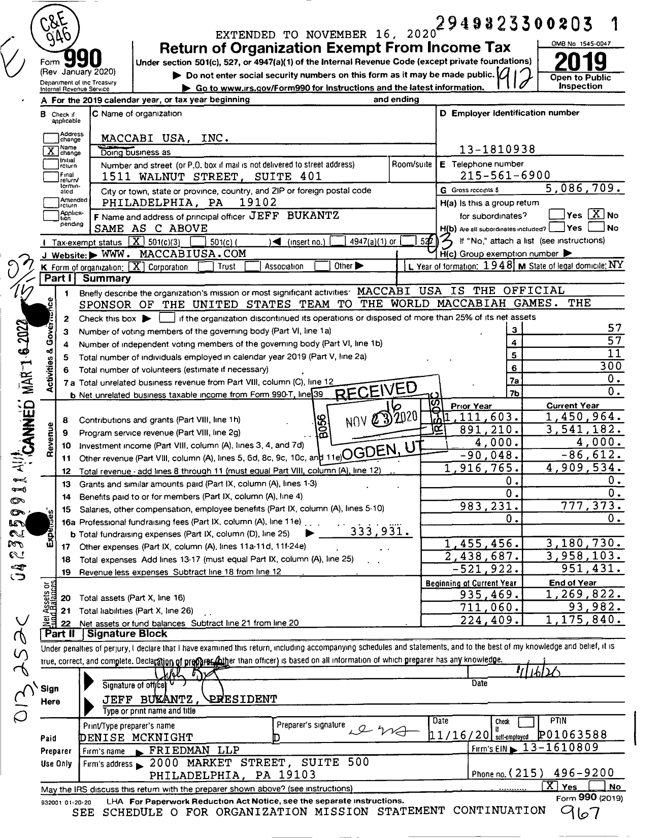 Image of first page of 2019 Form 990 for Maccabi USA