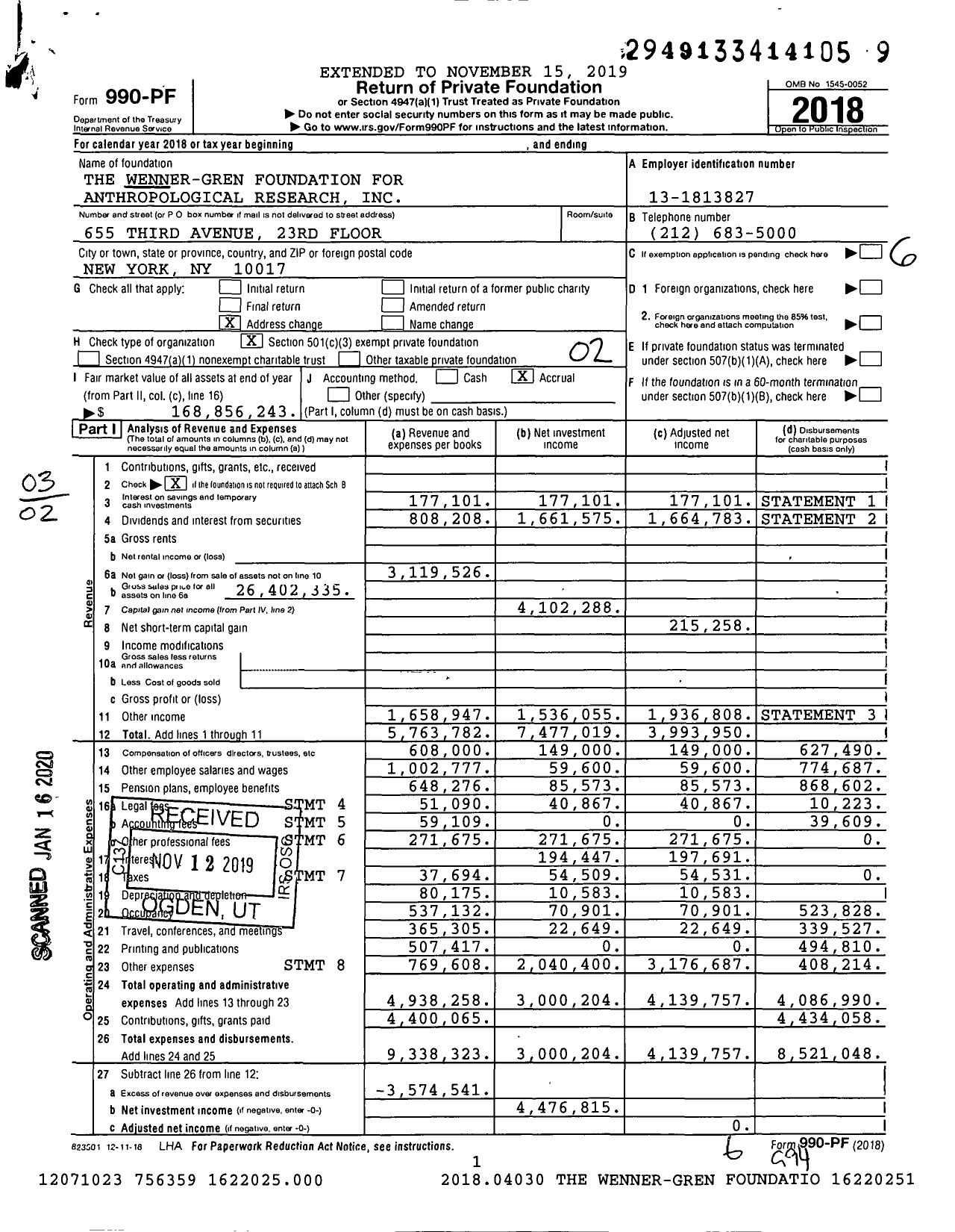 Image of first page of 2018 Form 990PF for Wenner-Gren Foundation for Anthropological Research