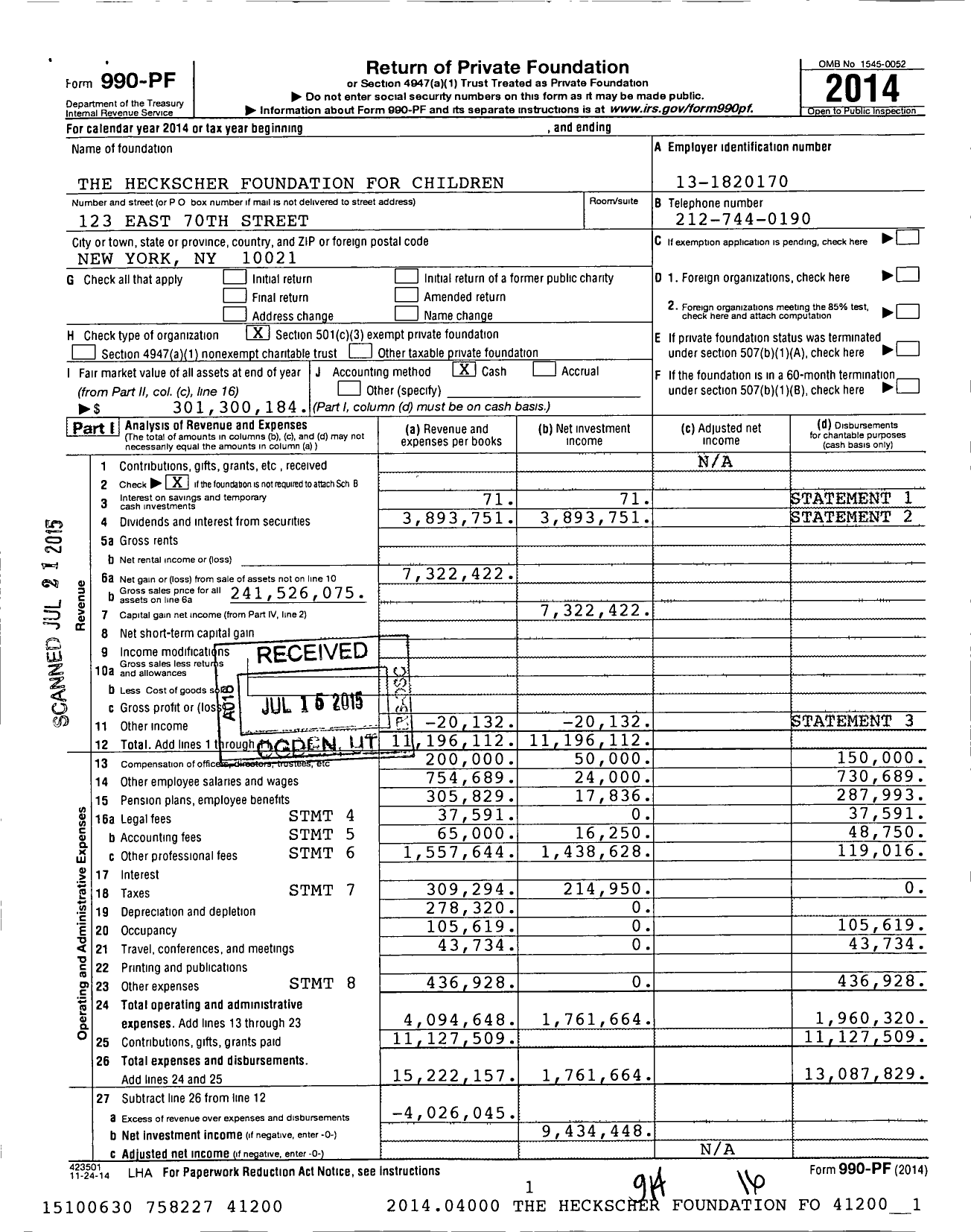 Image of first page of 2014 Form 990PF for Heckscher Foundation for Children