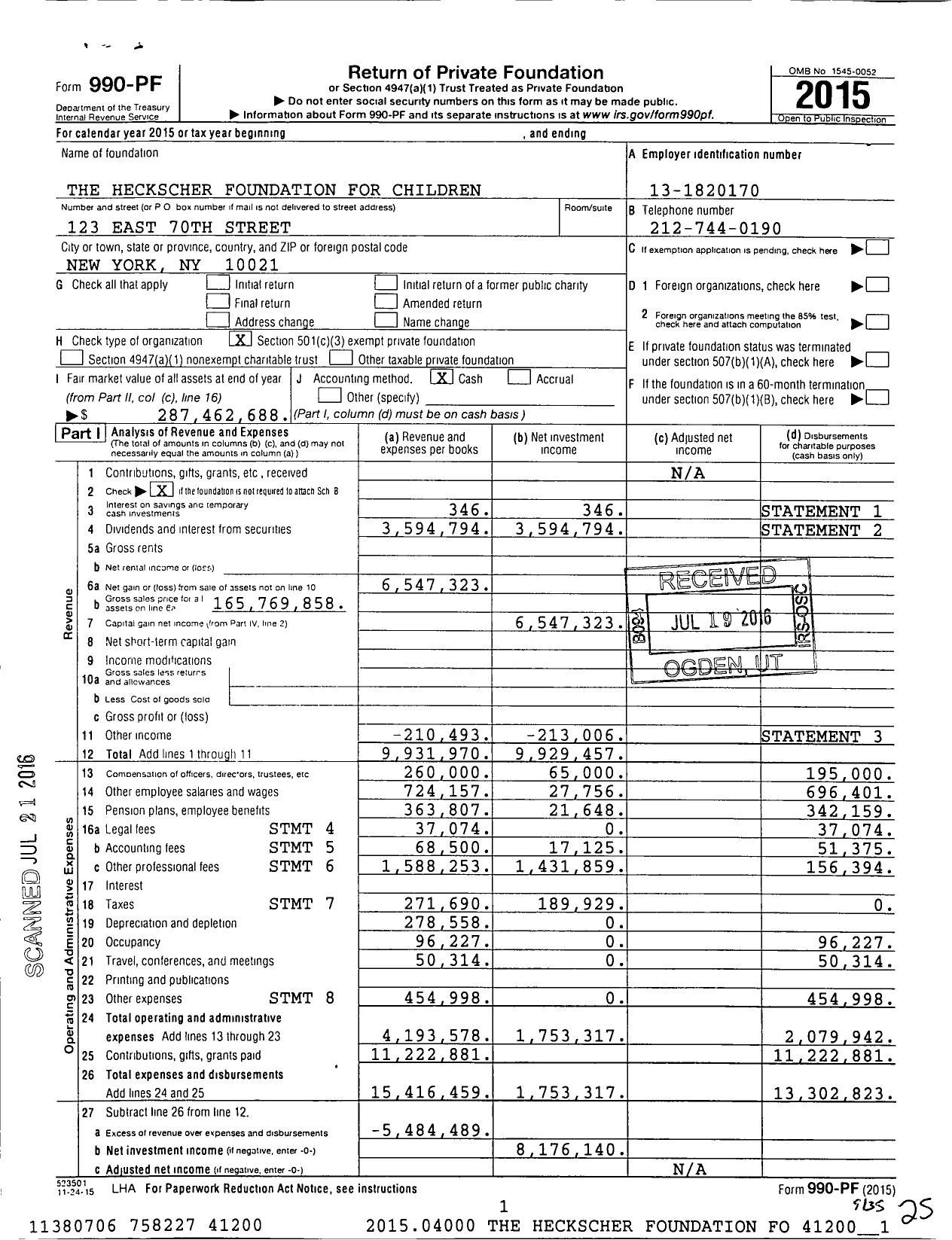 Image of first page of 2015 Form 990PF for Heckscher Foundation for Children