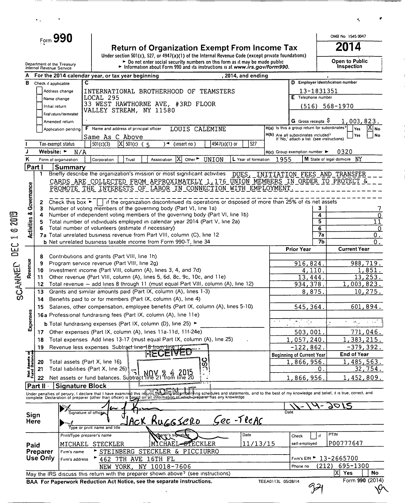 Image of first page of 2014 Form 990O for Teamsters - 295 TCWH Local