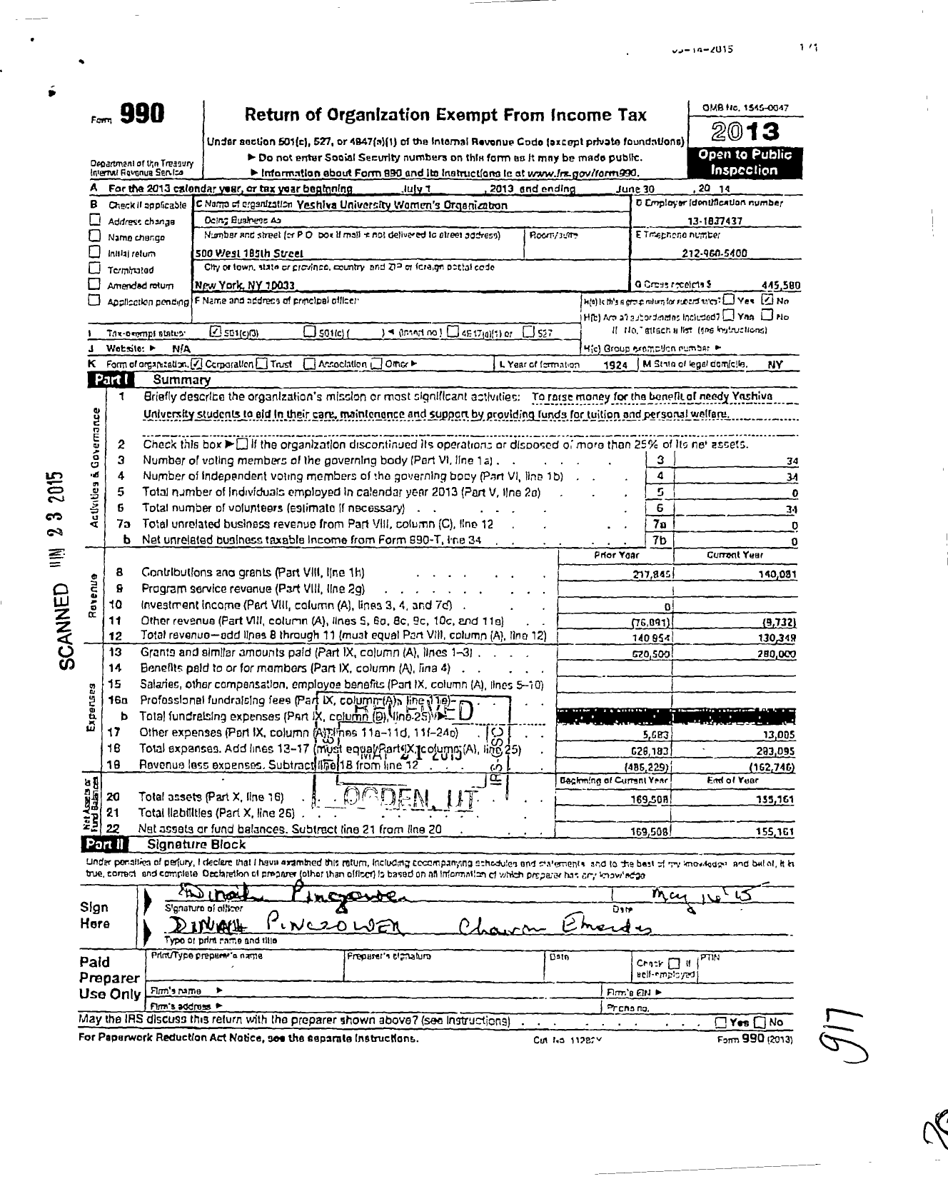 Image of first page of 2013 Form 990 for Yeshiva University Womens Organization