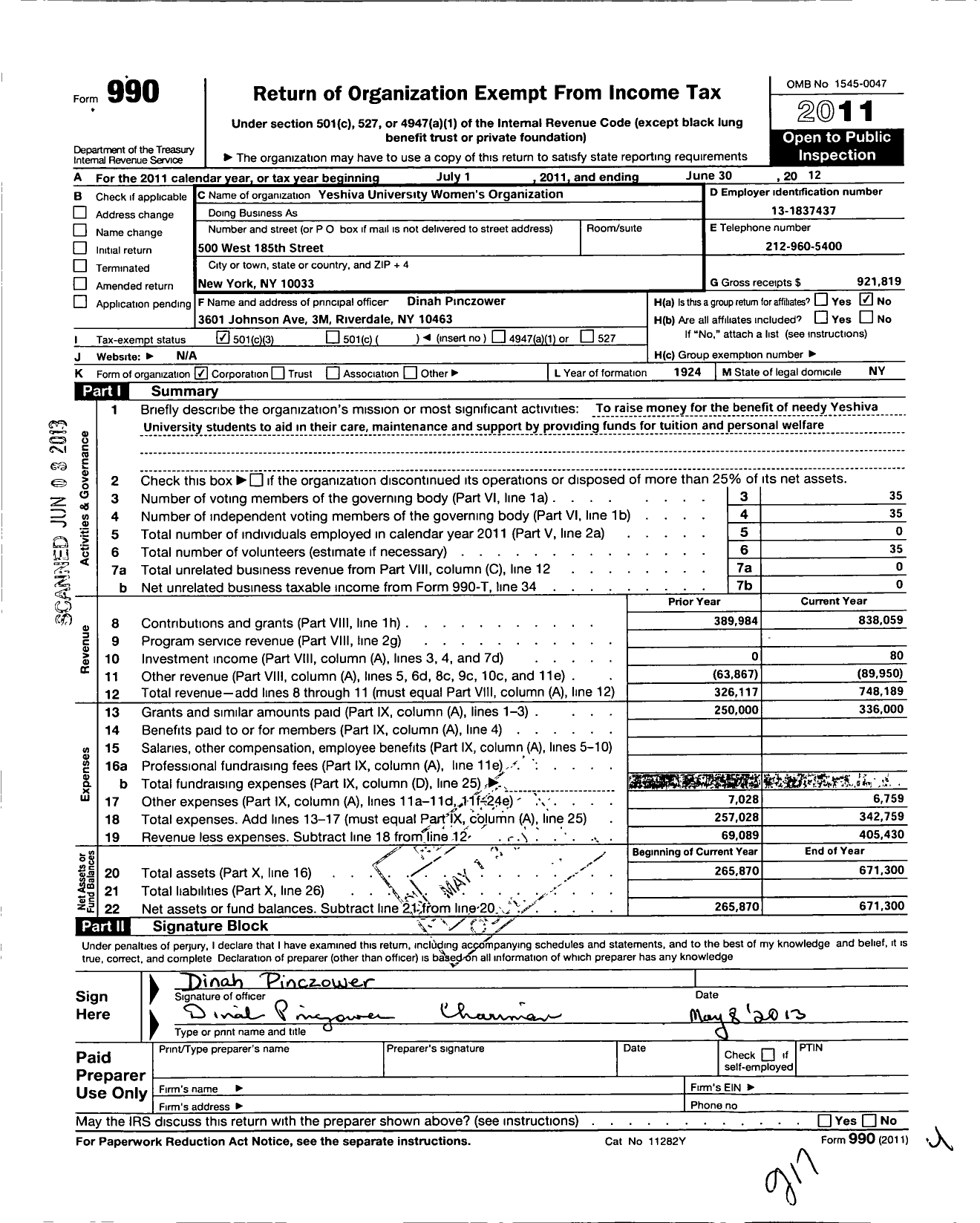 Image of first page of 2011 Form 990 for Yeshiva University Womens Organization