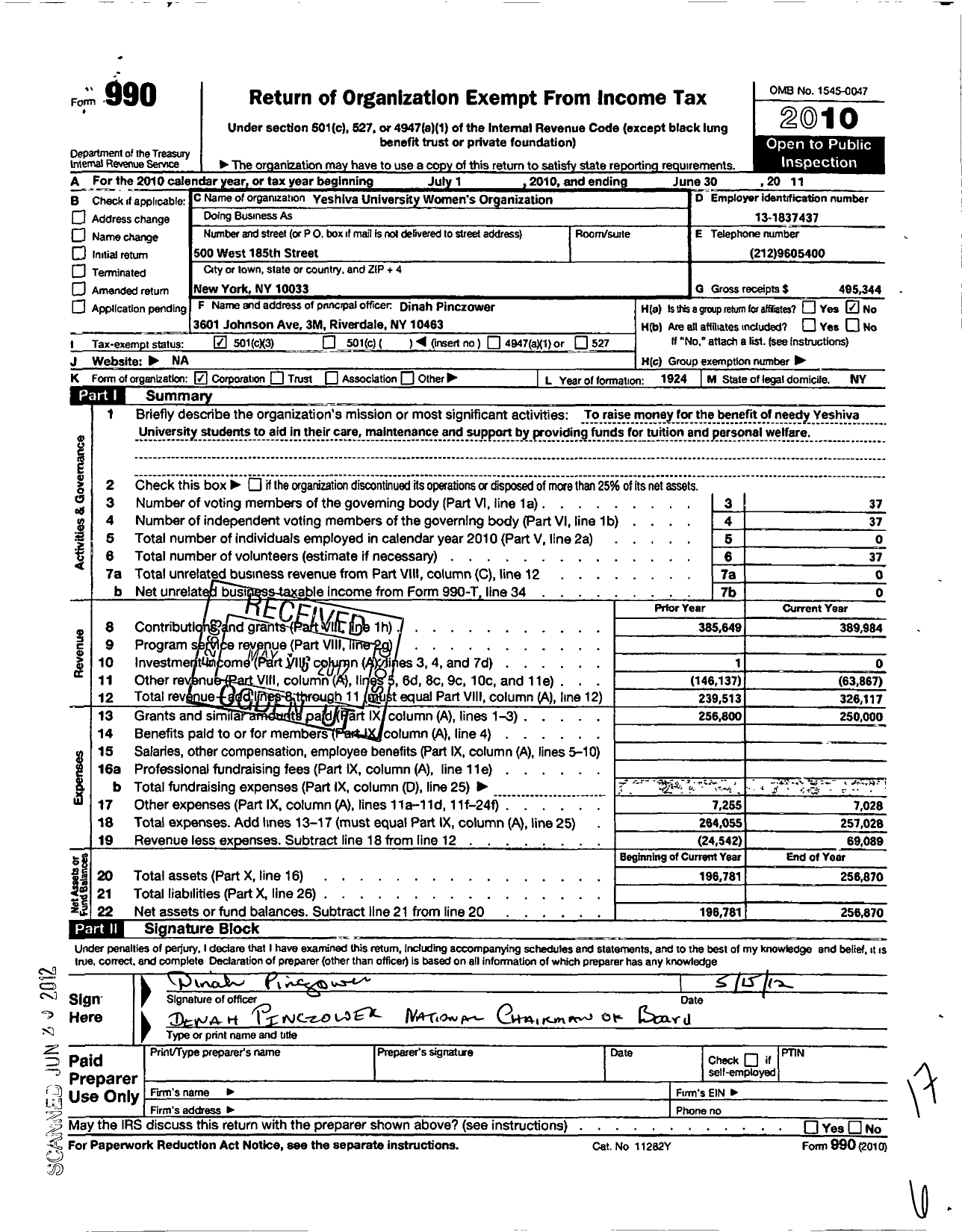 Image of first page of 2010 Form 990 for Yeshiva University Womens Organization