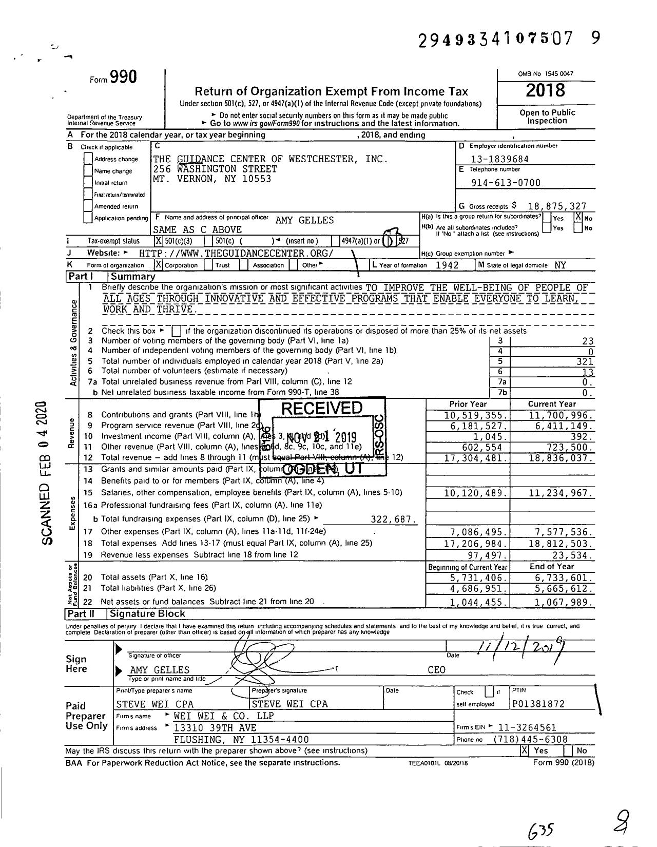 Image of first page of 2018 Form 990 for Guidance Center of Westchester (TGCW)