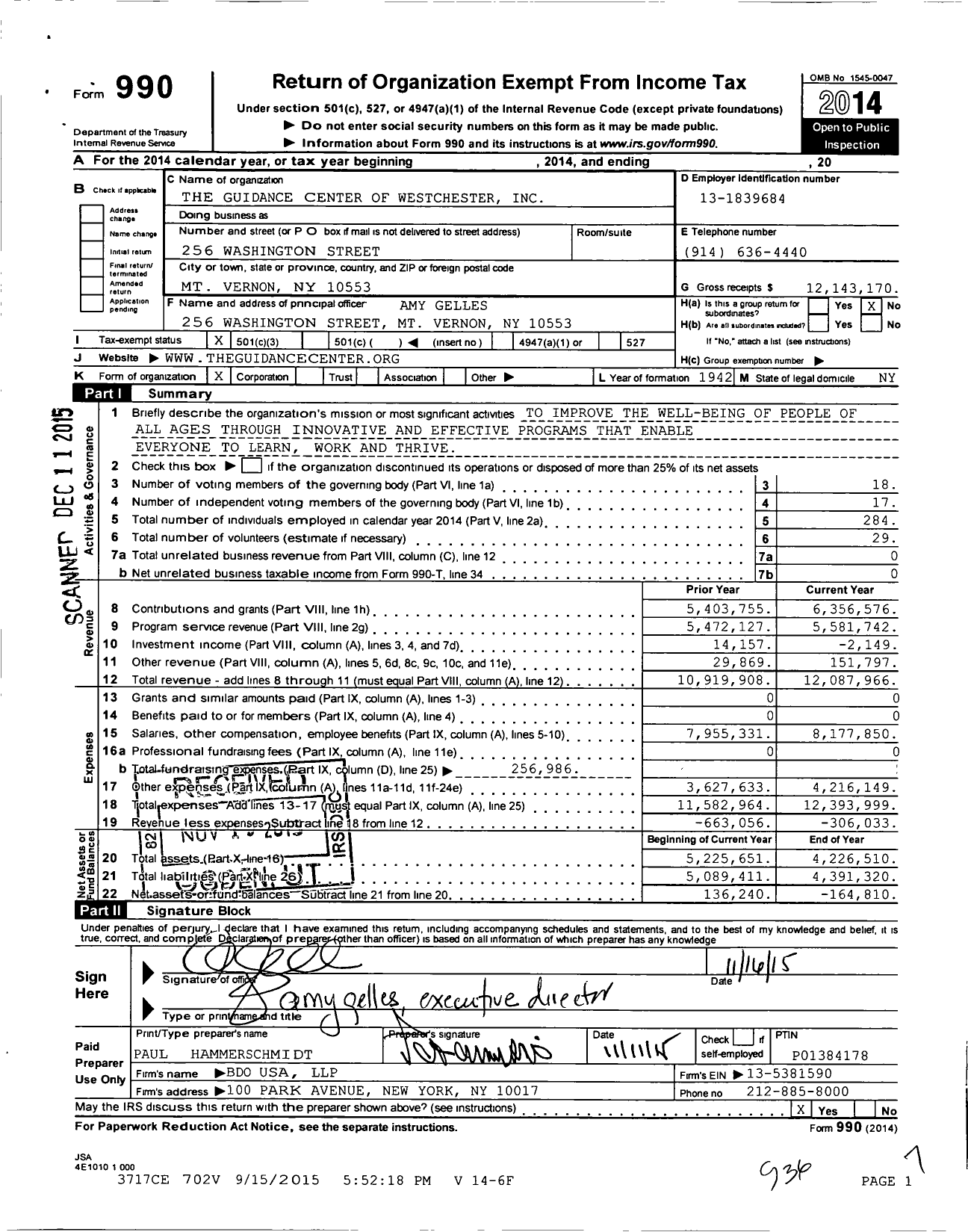 Image of first page of 2014 Form 990 for Guidance Center of Westchester (TGCW)