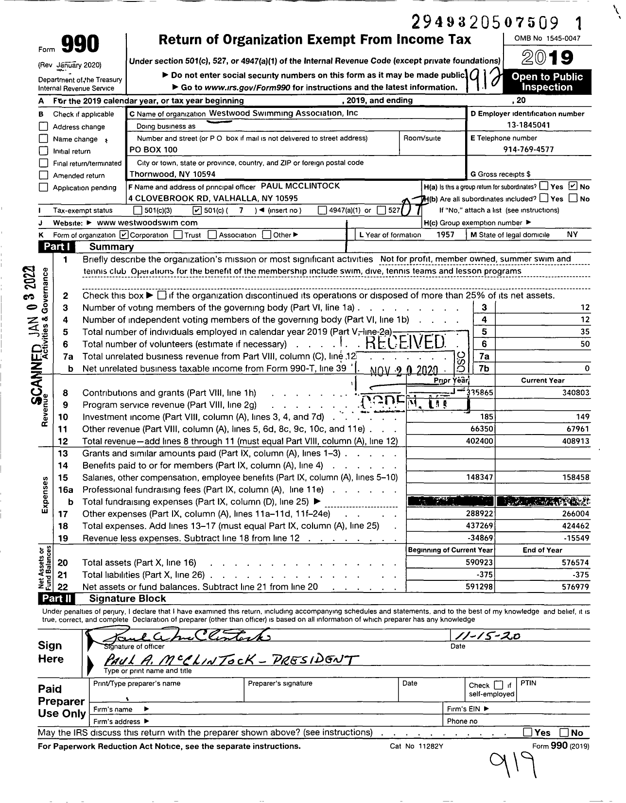 Image of first page of 2019 Form 990O for Westwood Swimming Association