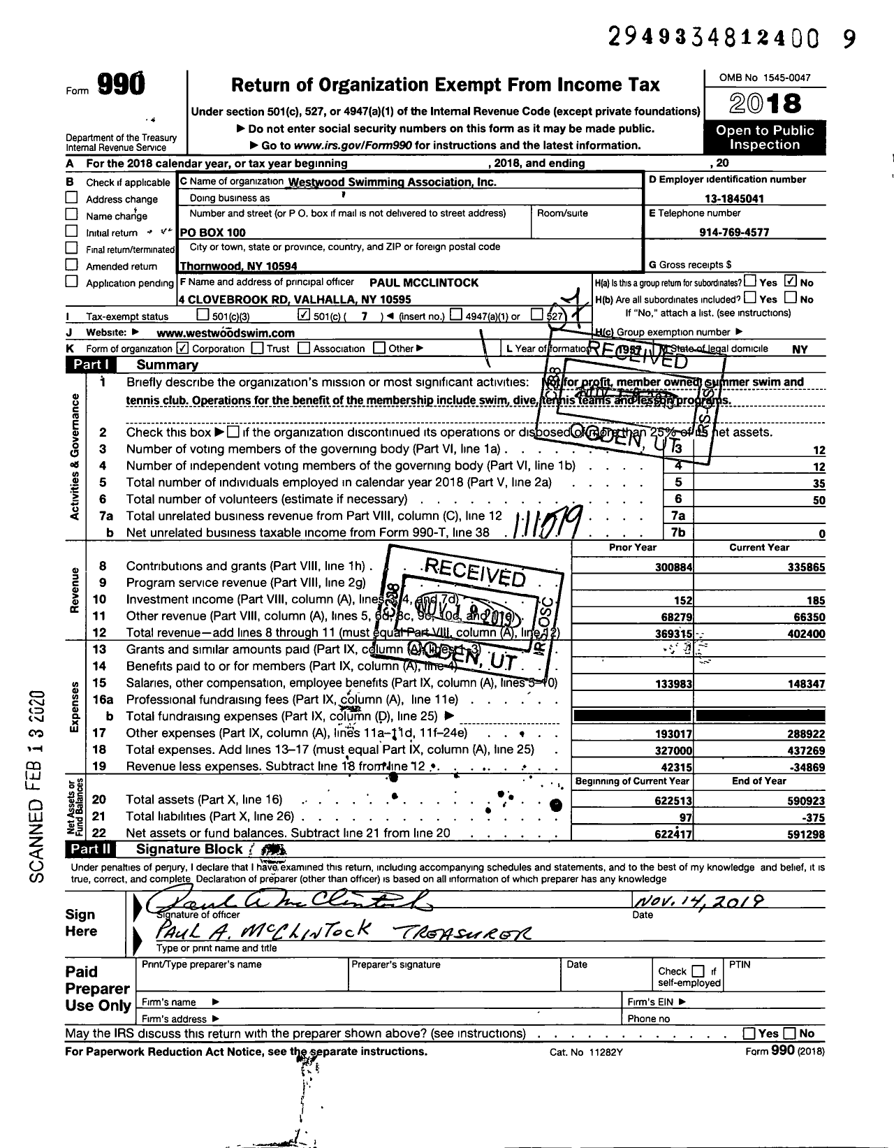 Image of first page of 2018 Form 990O for Westwood Swimming Association