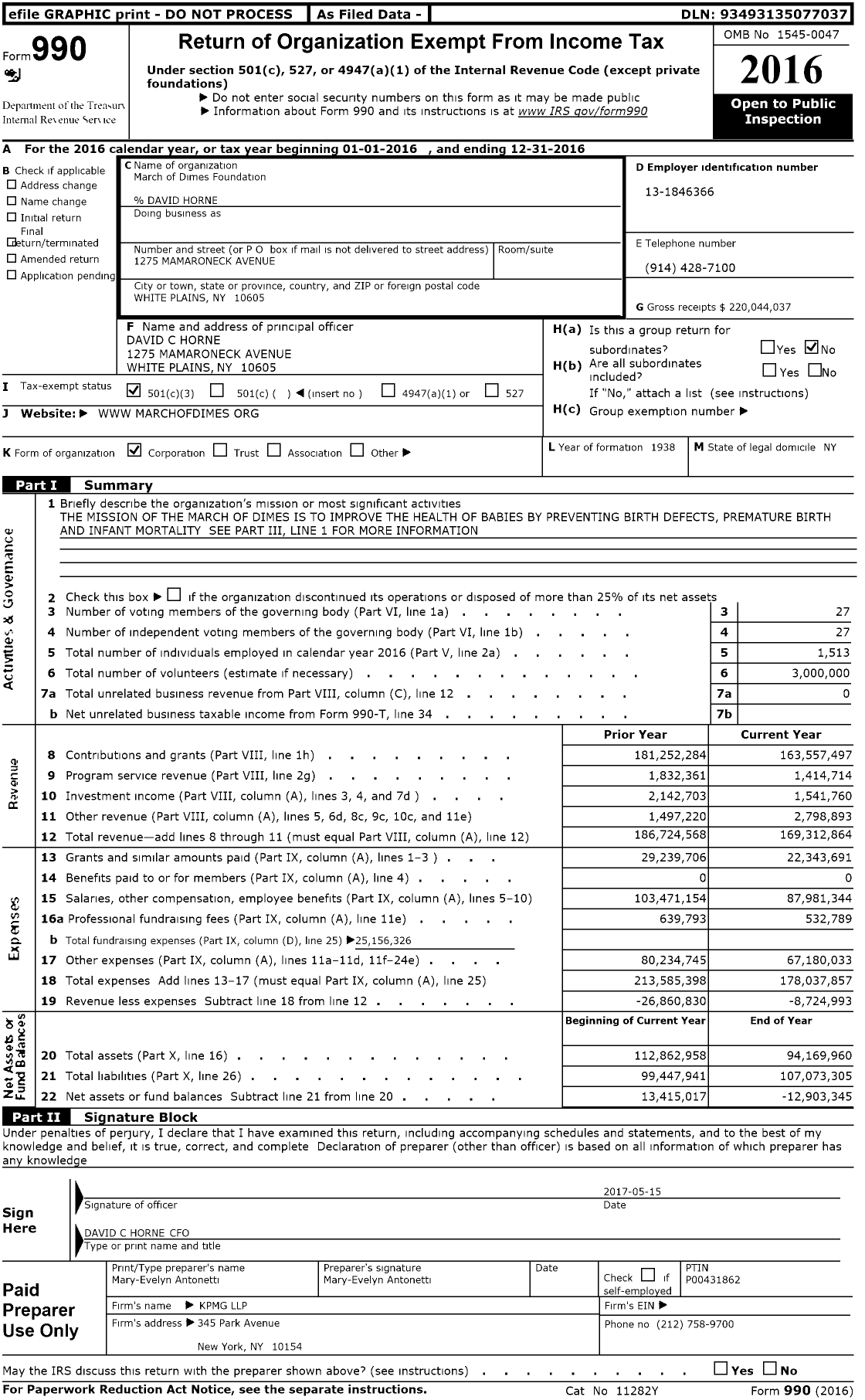 Image of first page of 2016 Form 990 for March of Dimes