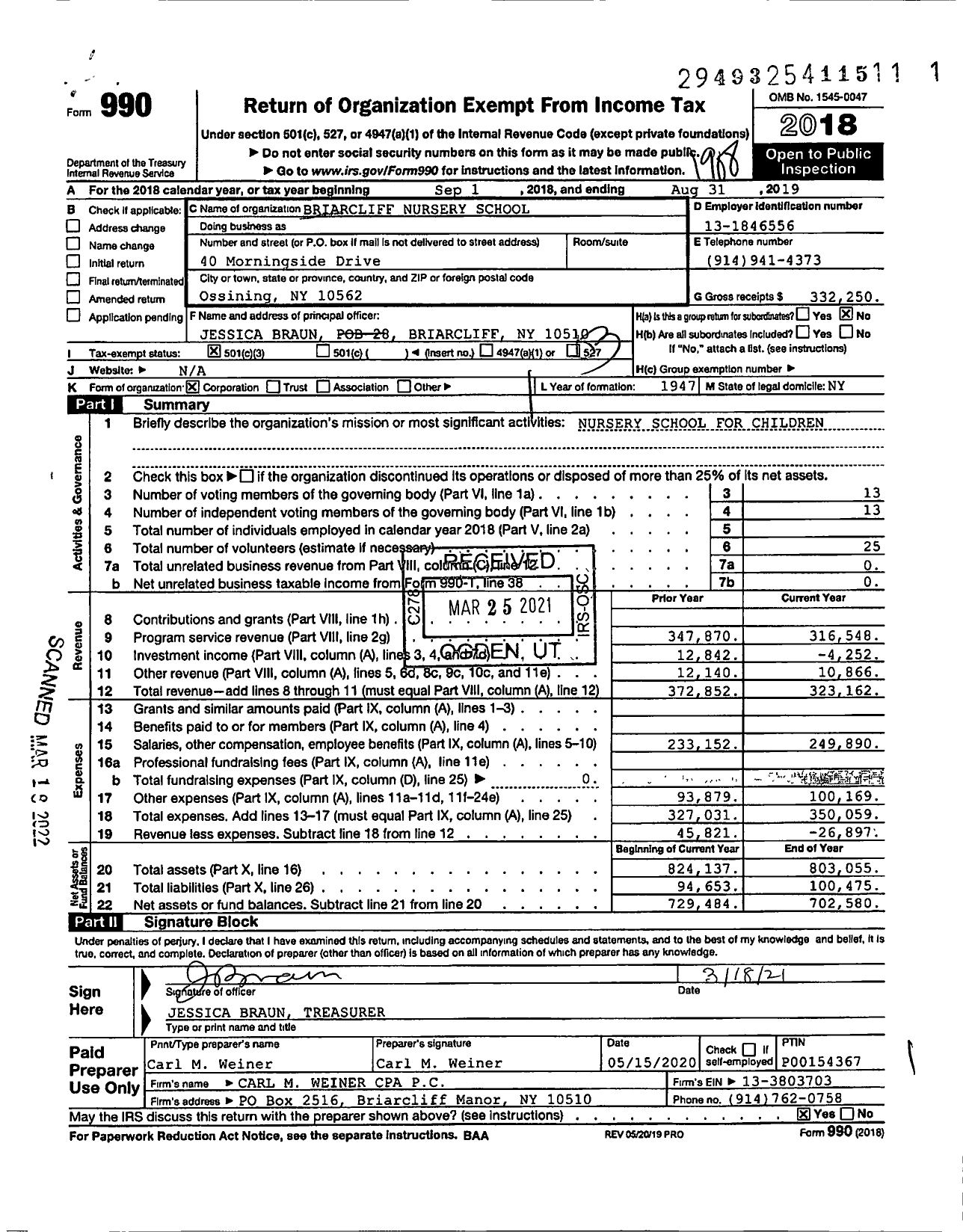 Image of first page of 2018 Form 990 for Briarcliff Nursery School