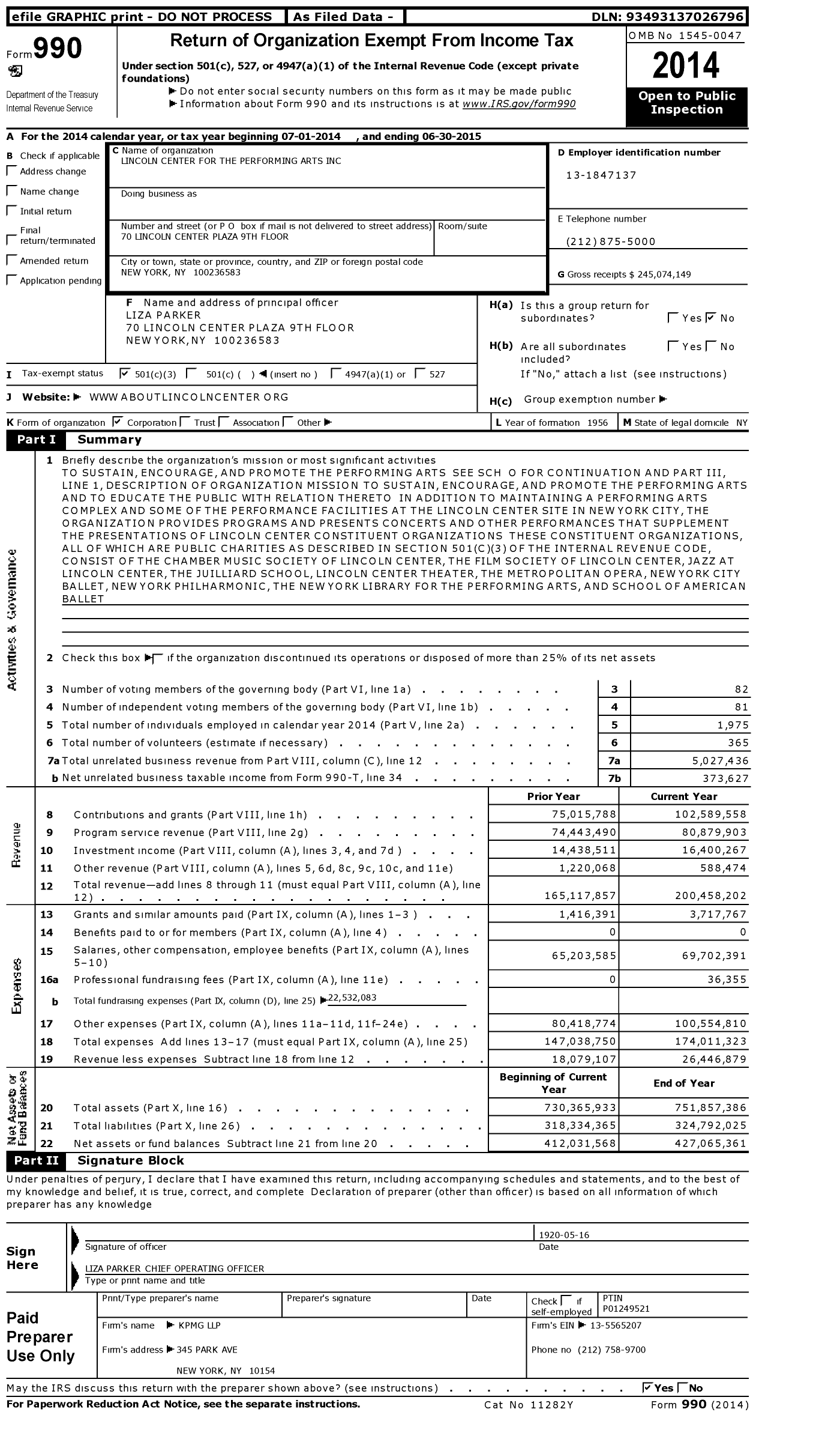 Image of first page of 2014 Form 990 for Lincoln Center for the Performing Arts