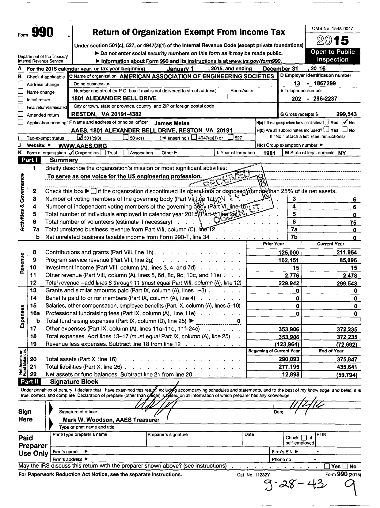 Image of first page of 2016 Form 990 for American Association of Engineering Societies