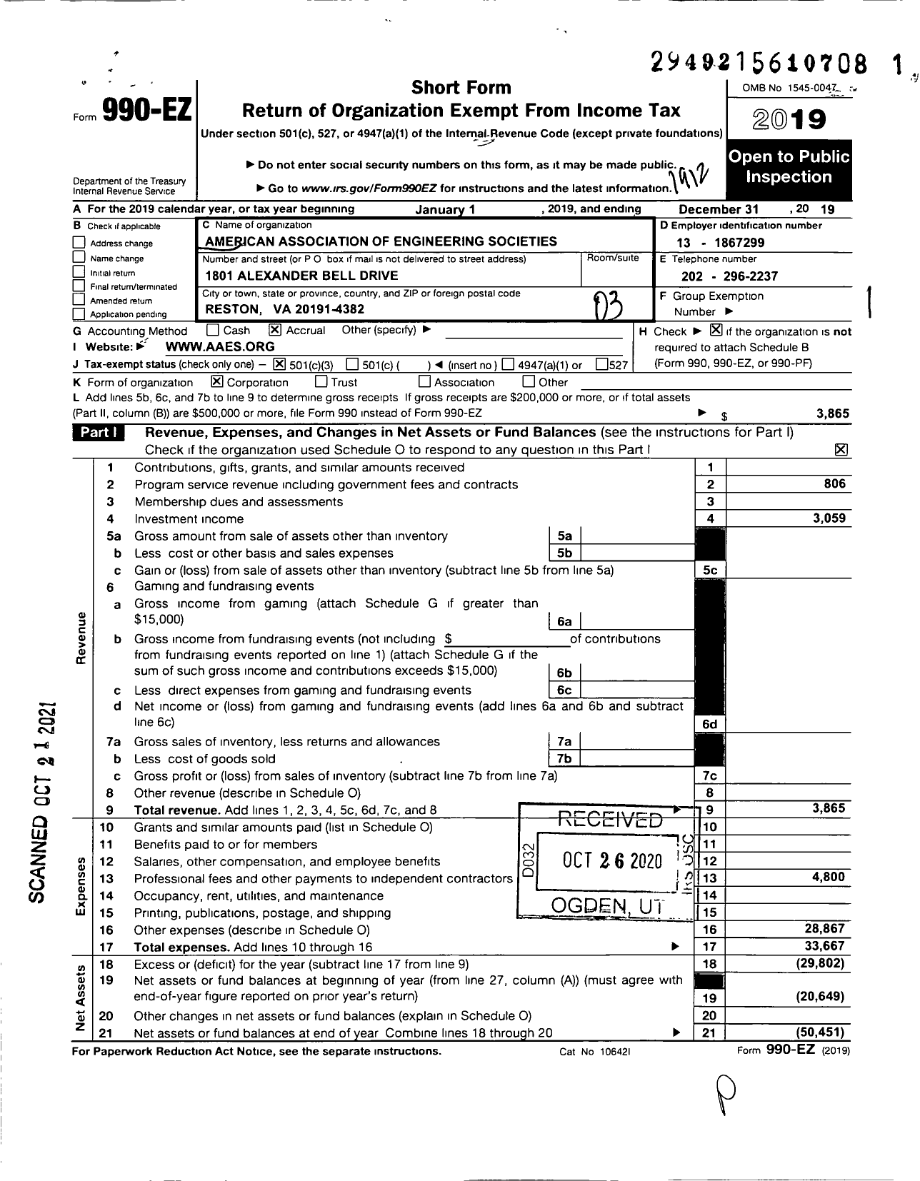 Image of first page of 2019 Form 990EZ for American Association of Engineering Societies