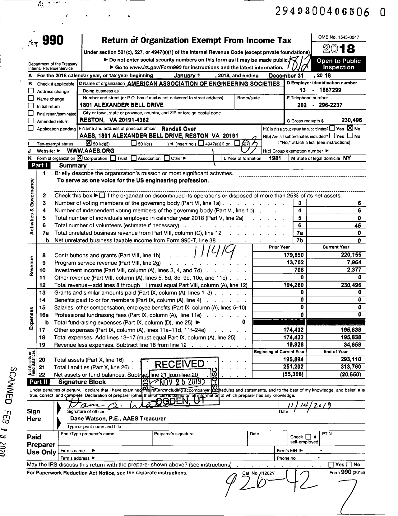 Image of first page of 2018 Form 990 for American Association of Engineering Societies