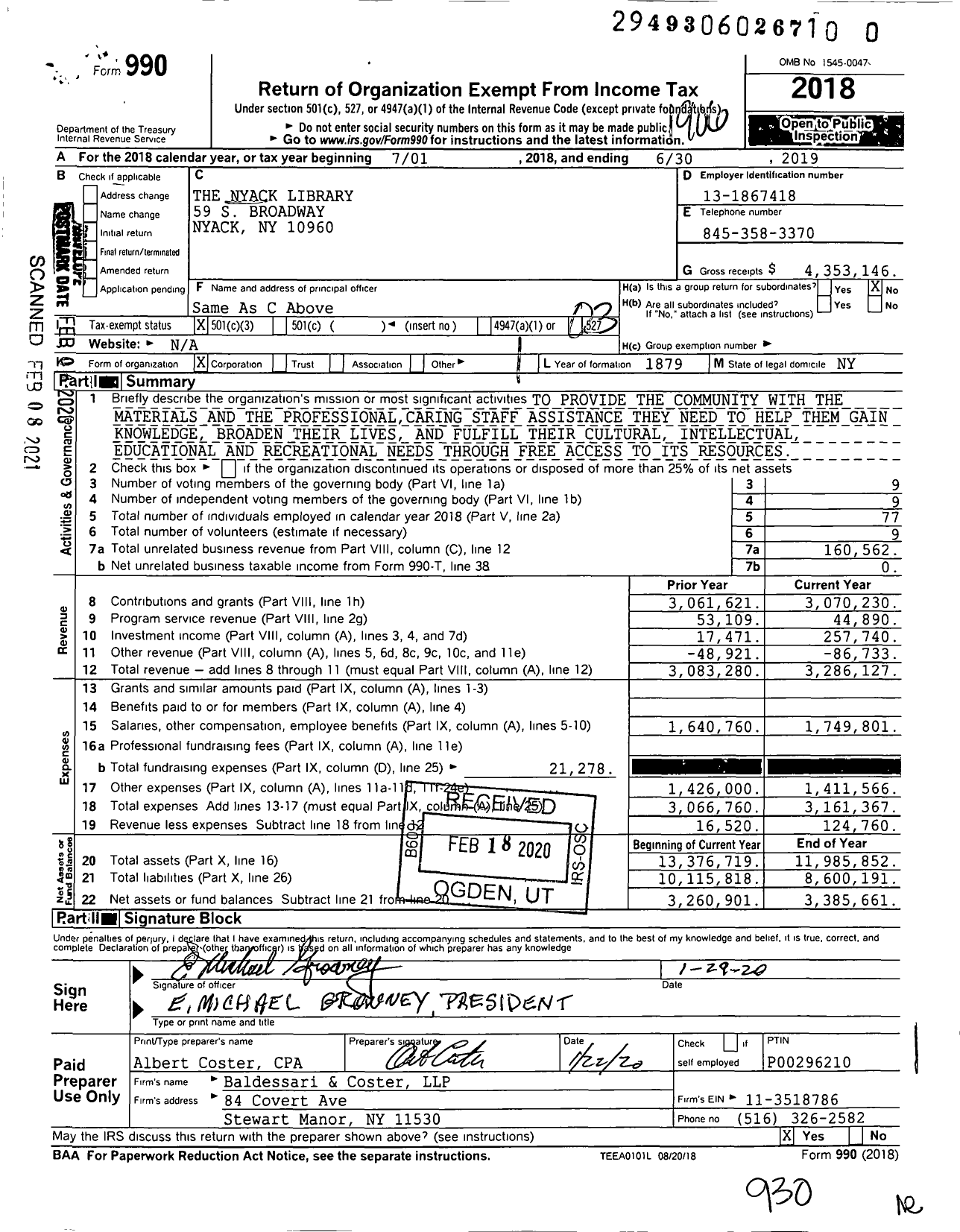 Image of first page of 2018 Form 990 for Nyack Library