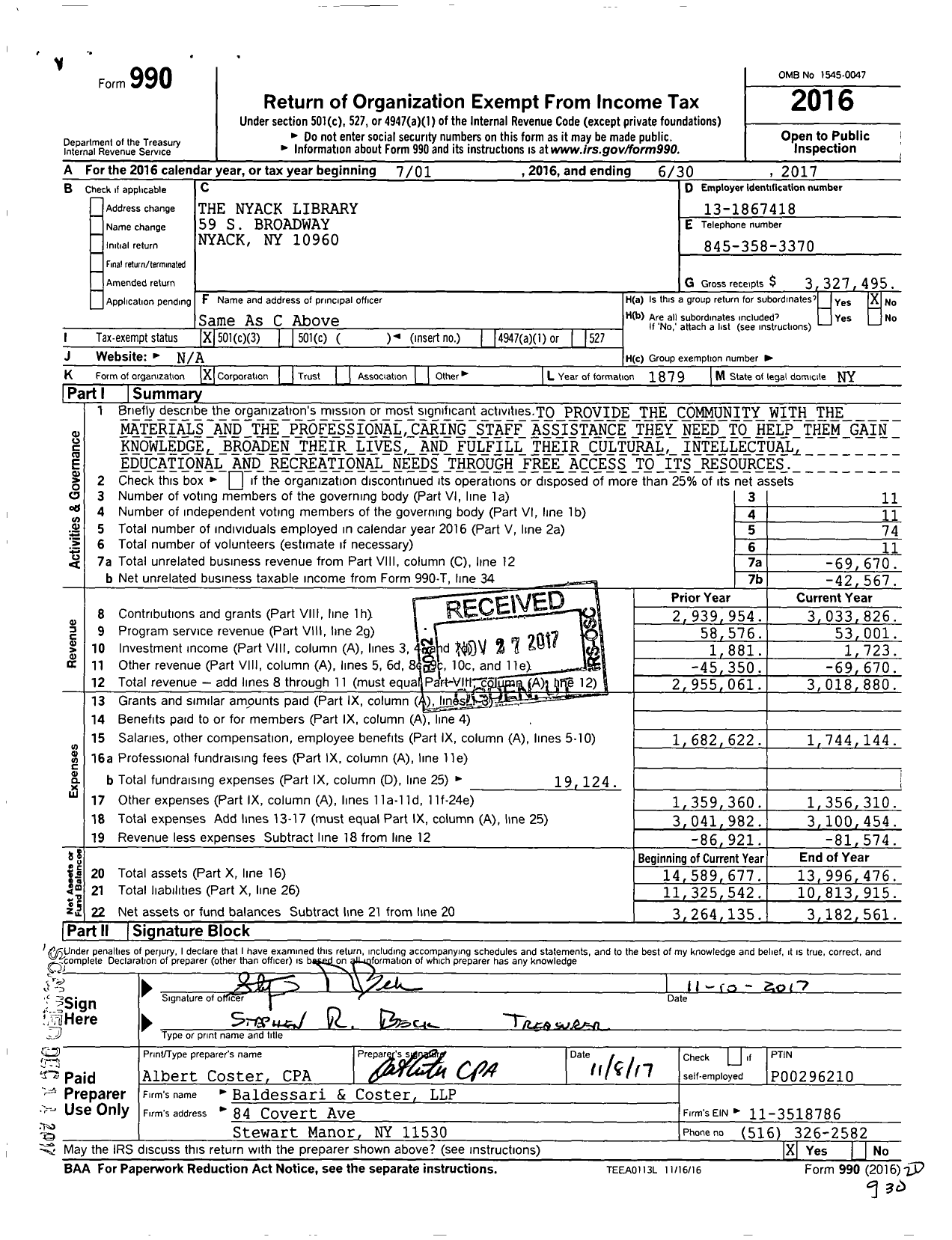 Image of first page of 2016 Form 990 for Nyack Library