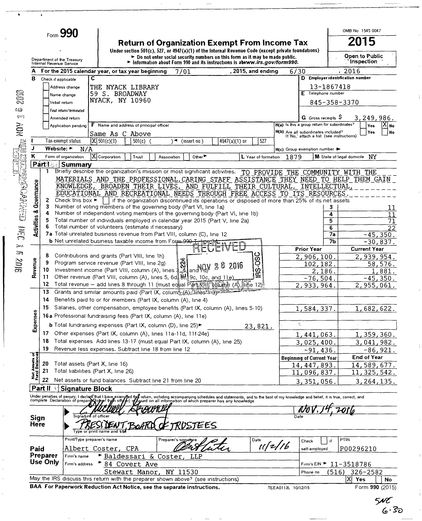 Image of first page of 2015 Form 990 for Nyack Library